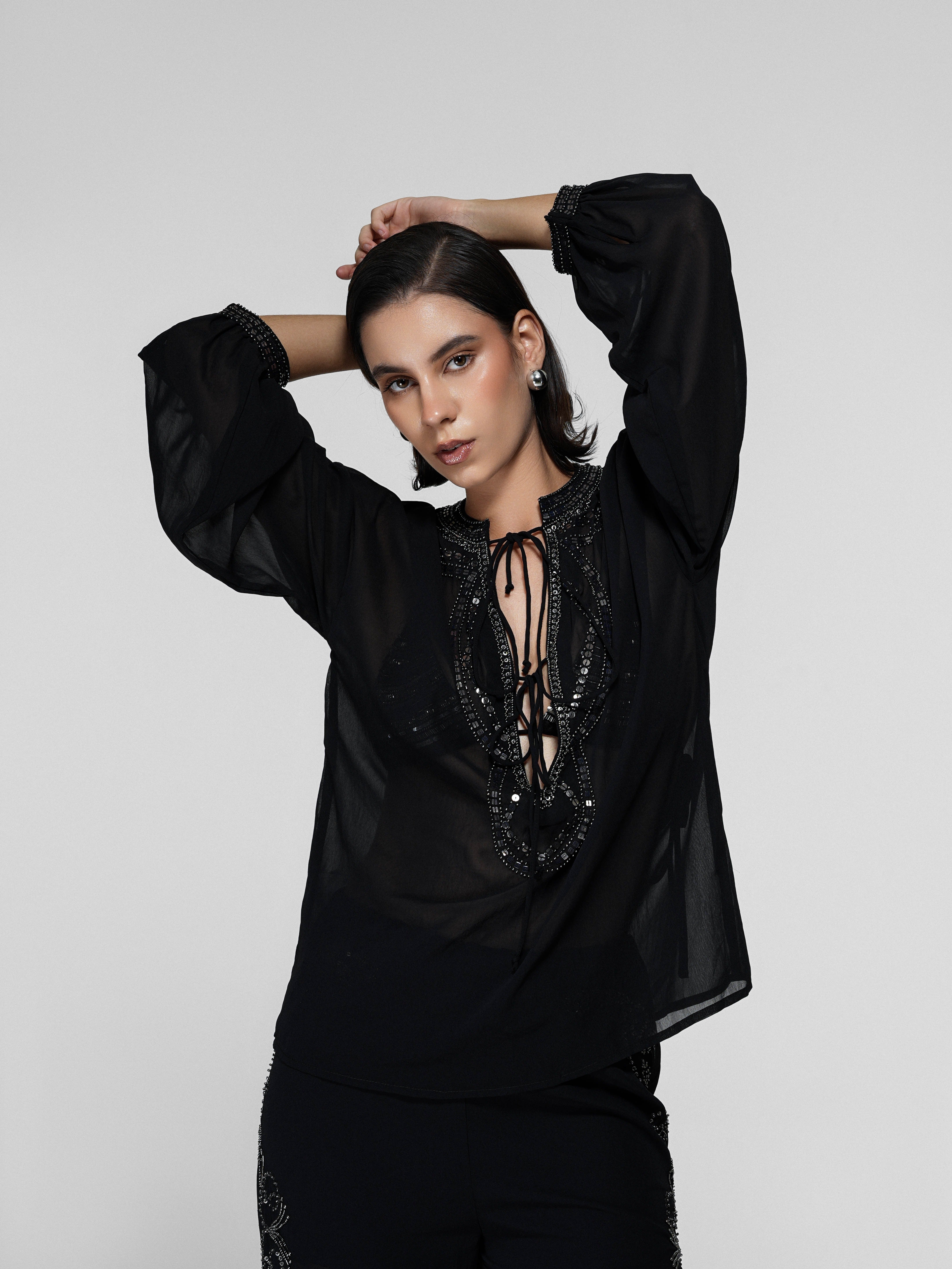 Black Sheer Bead-Embroidered Balloon Sleeve Top