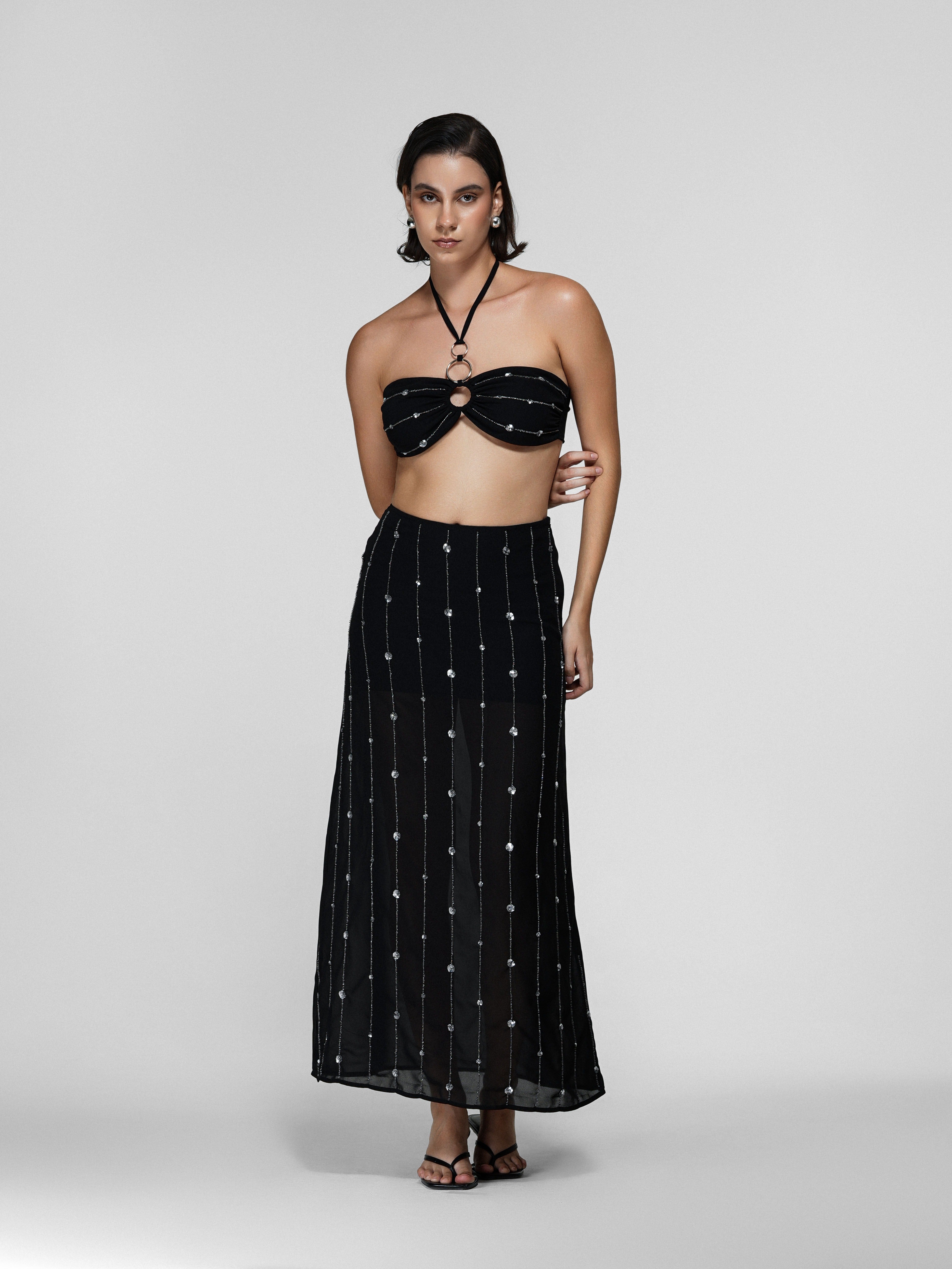 Black Sheer Bead-Embroidered Maxi Skirt