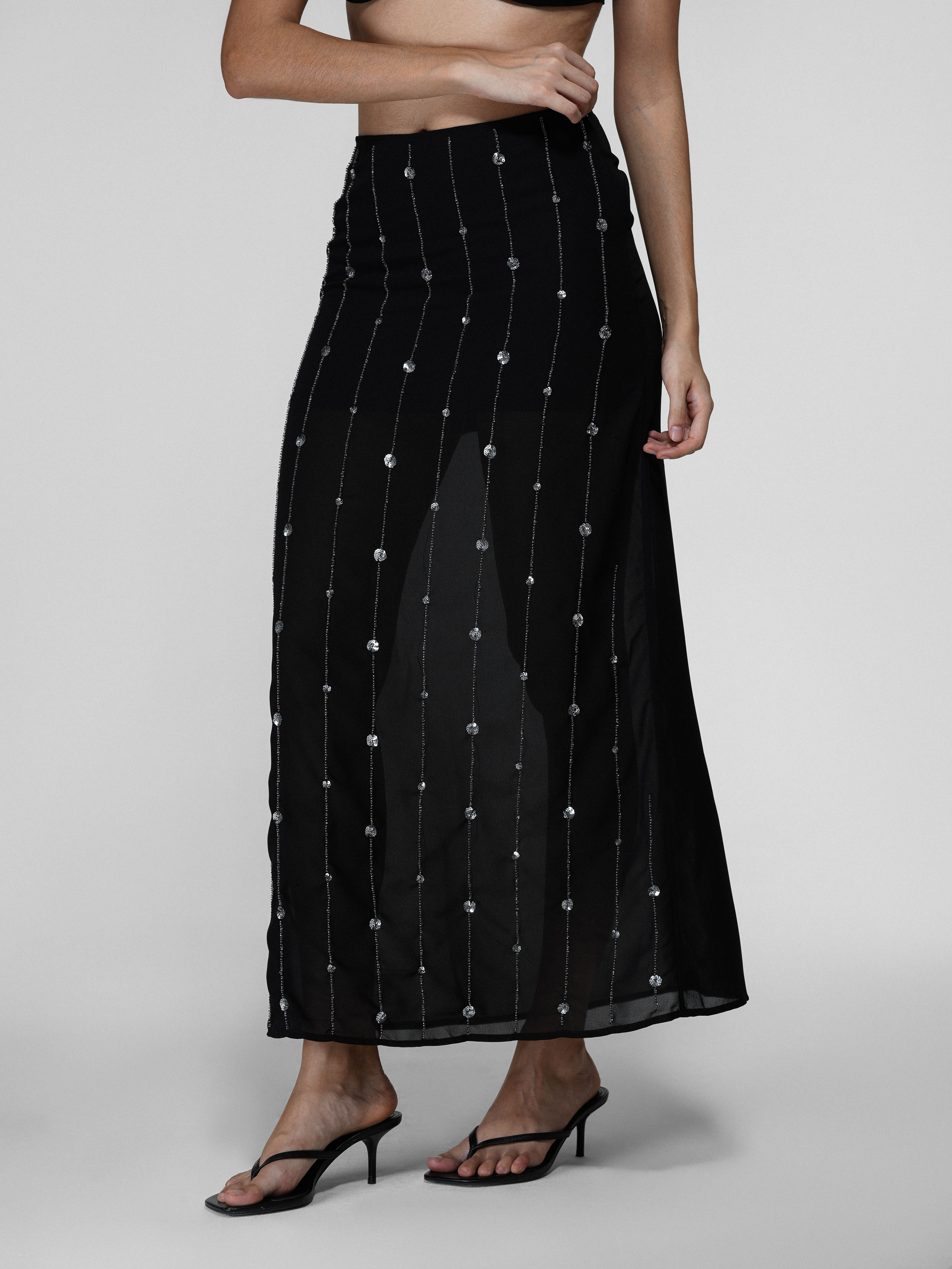 Black Sheer Bead-Embroidered Maxi Skirt