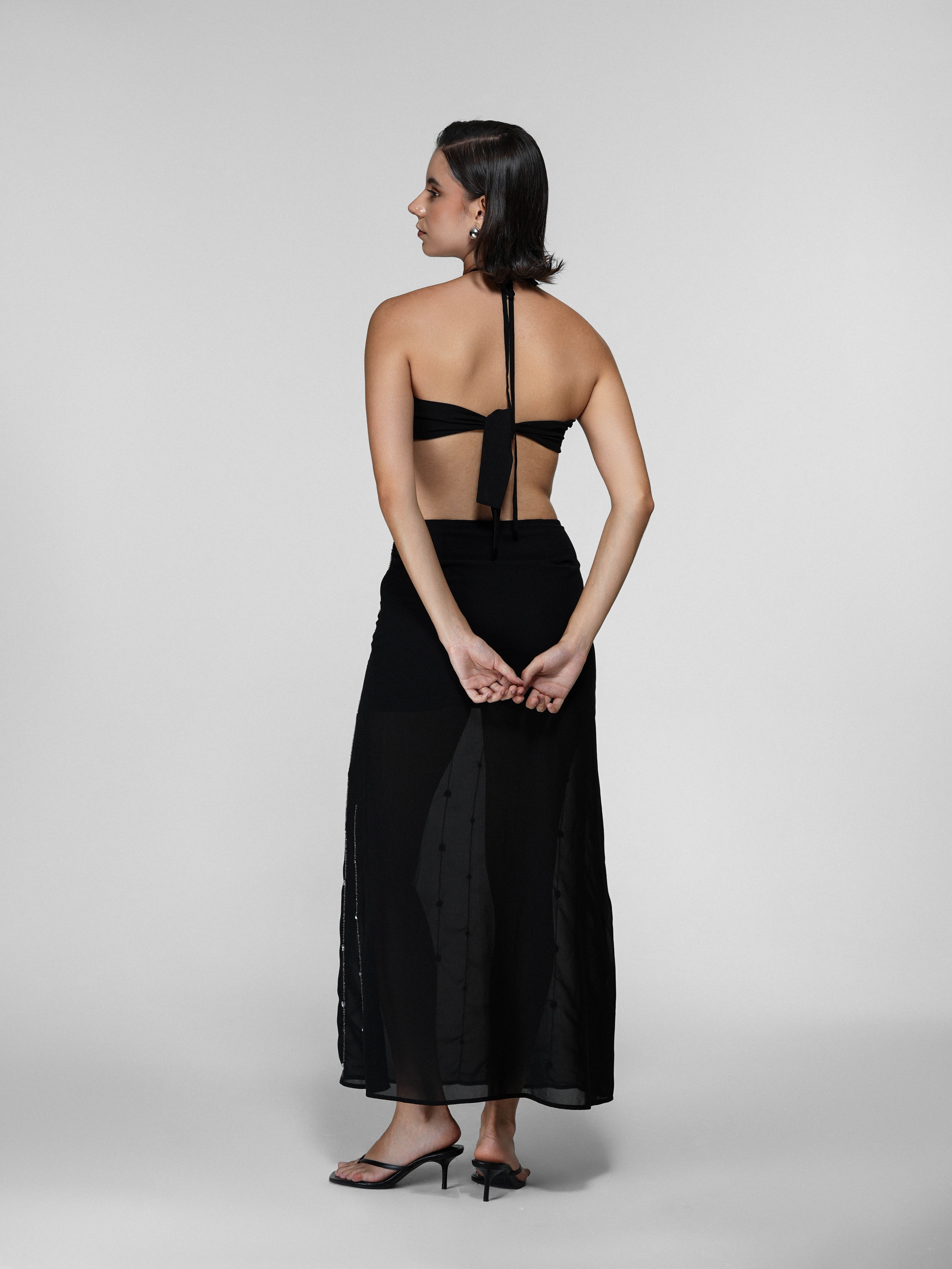 Black Sheer Bead-Embroidered Maxi Skirt