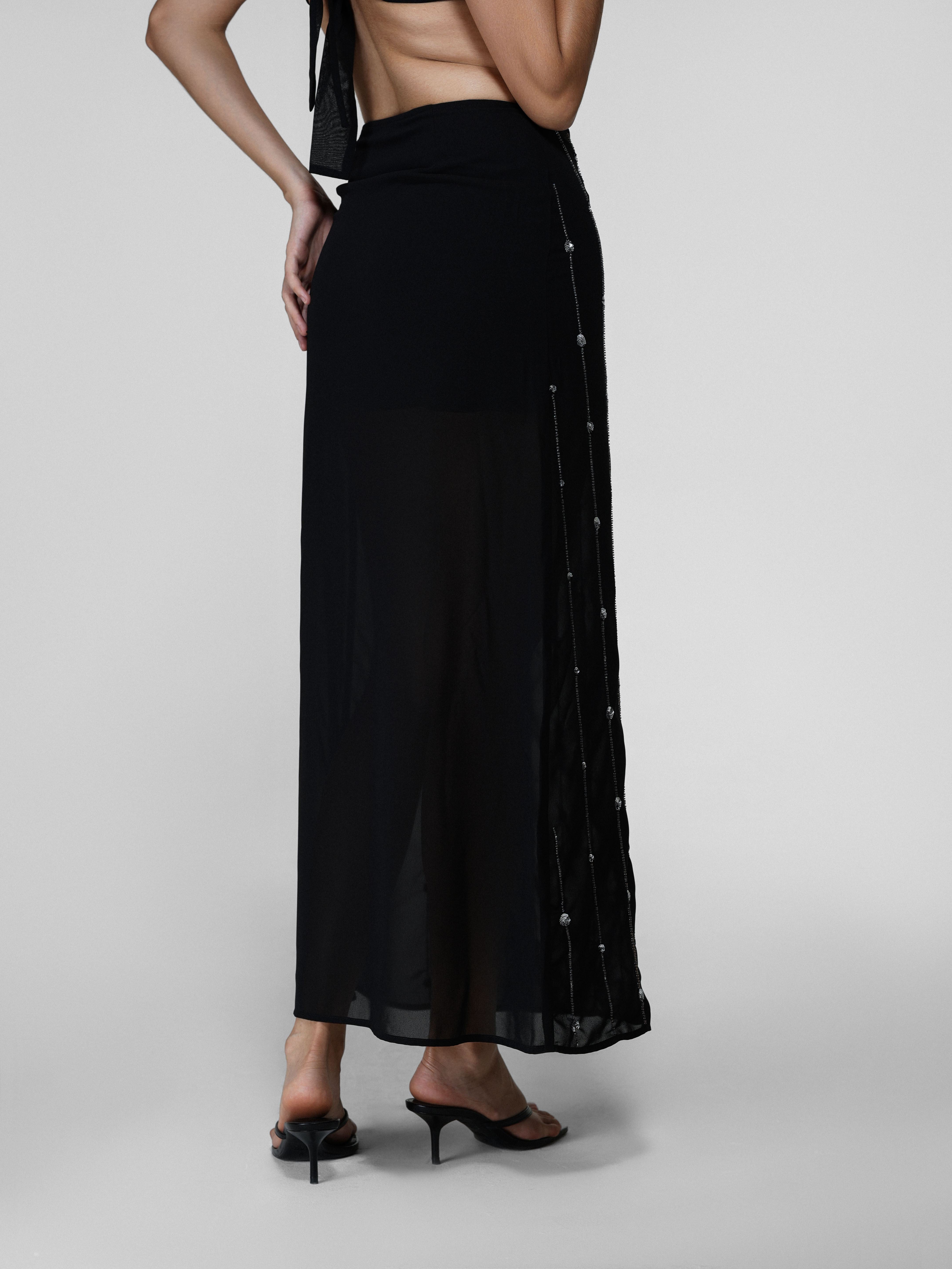 Black Sheer Bead-Embroidered Maxi Skirt