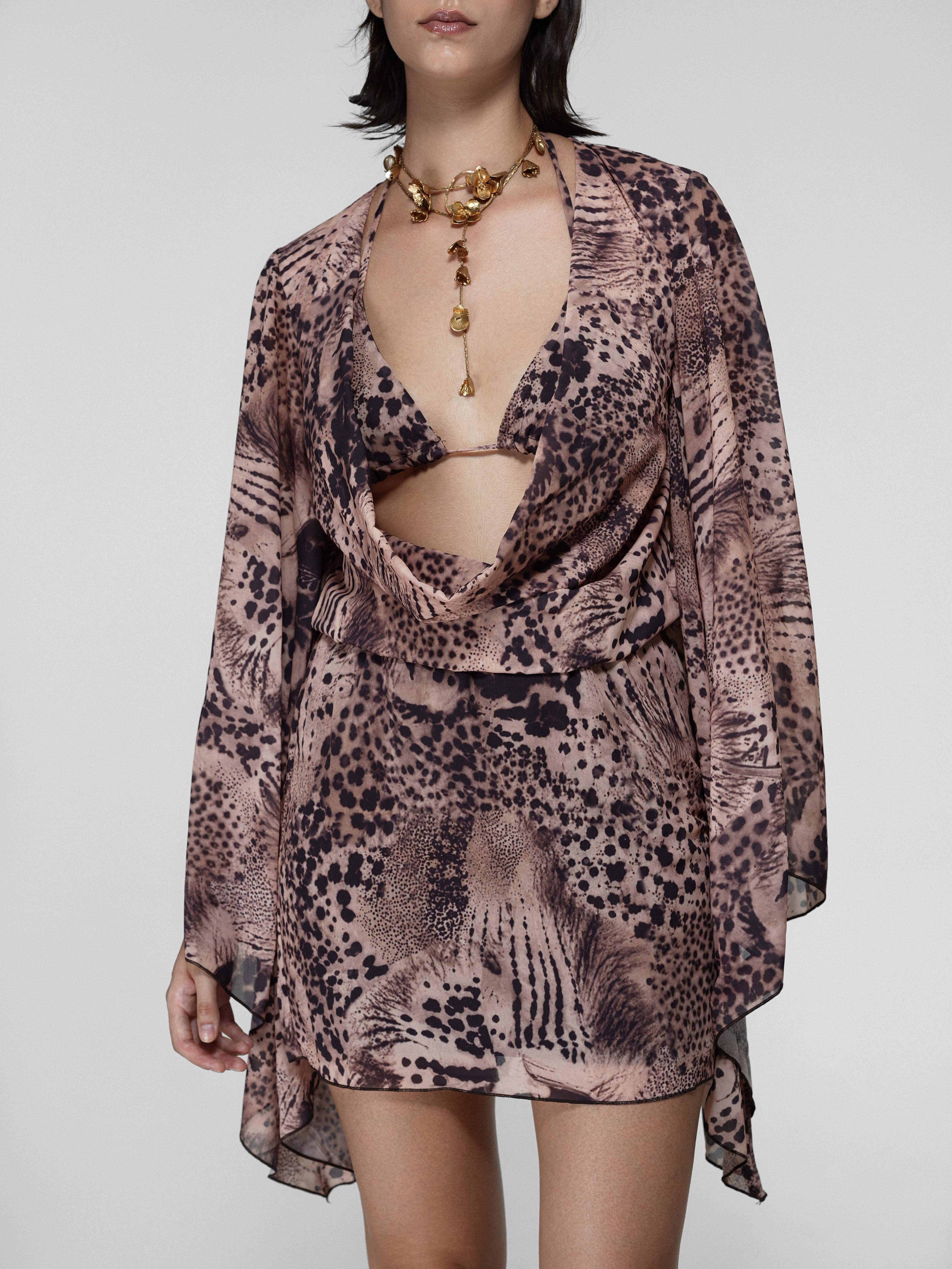 Animal Print Sheer Cowl Wrap Dress with Bell Sleeves