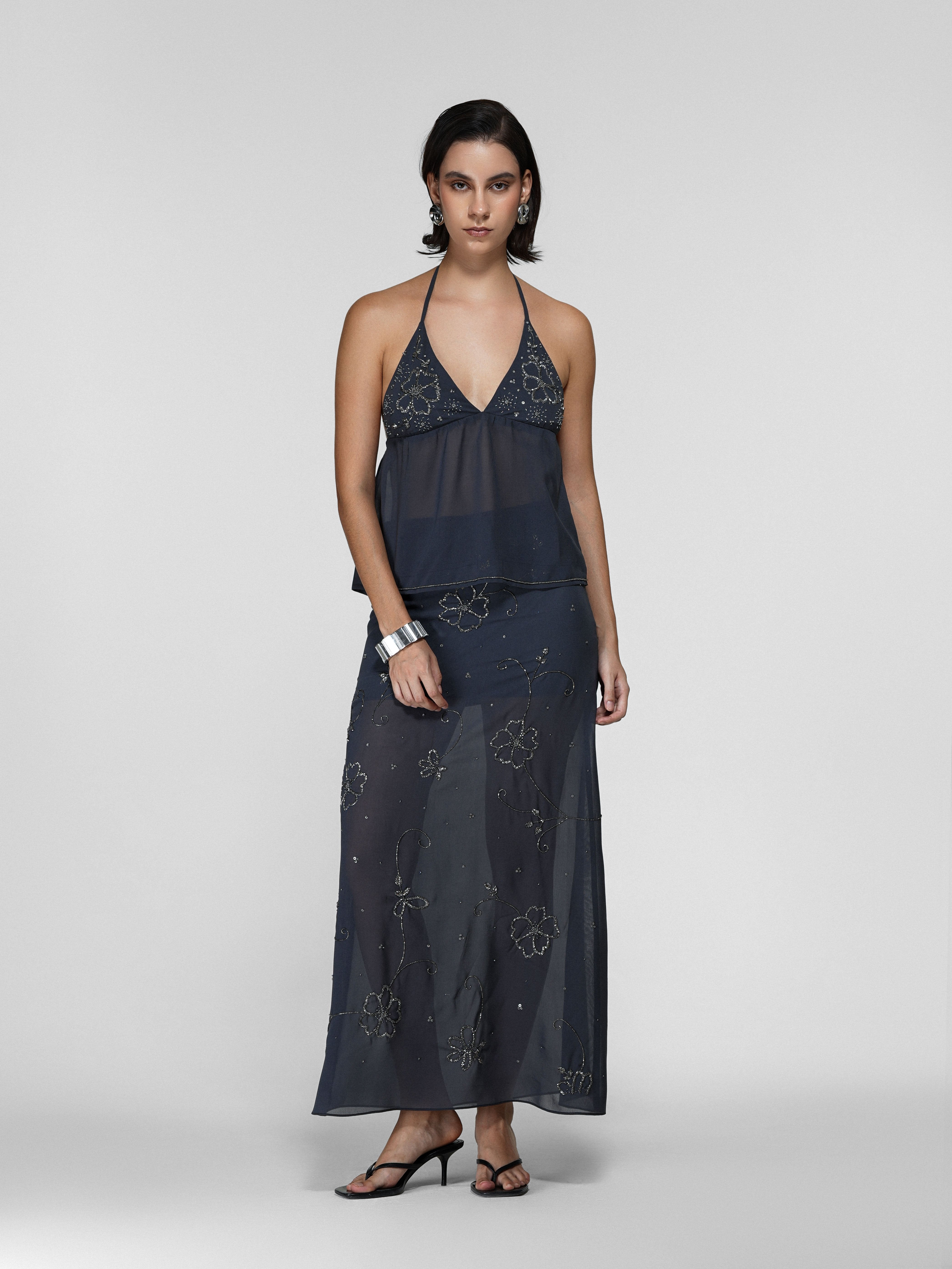 Grey Sheer Floral Bead-Embroidered Halter Top