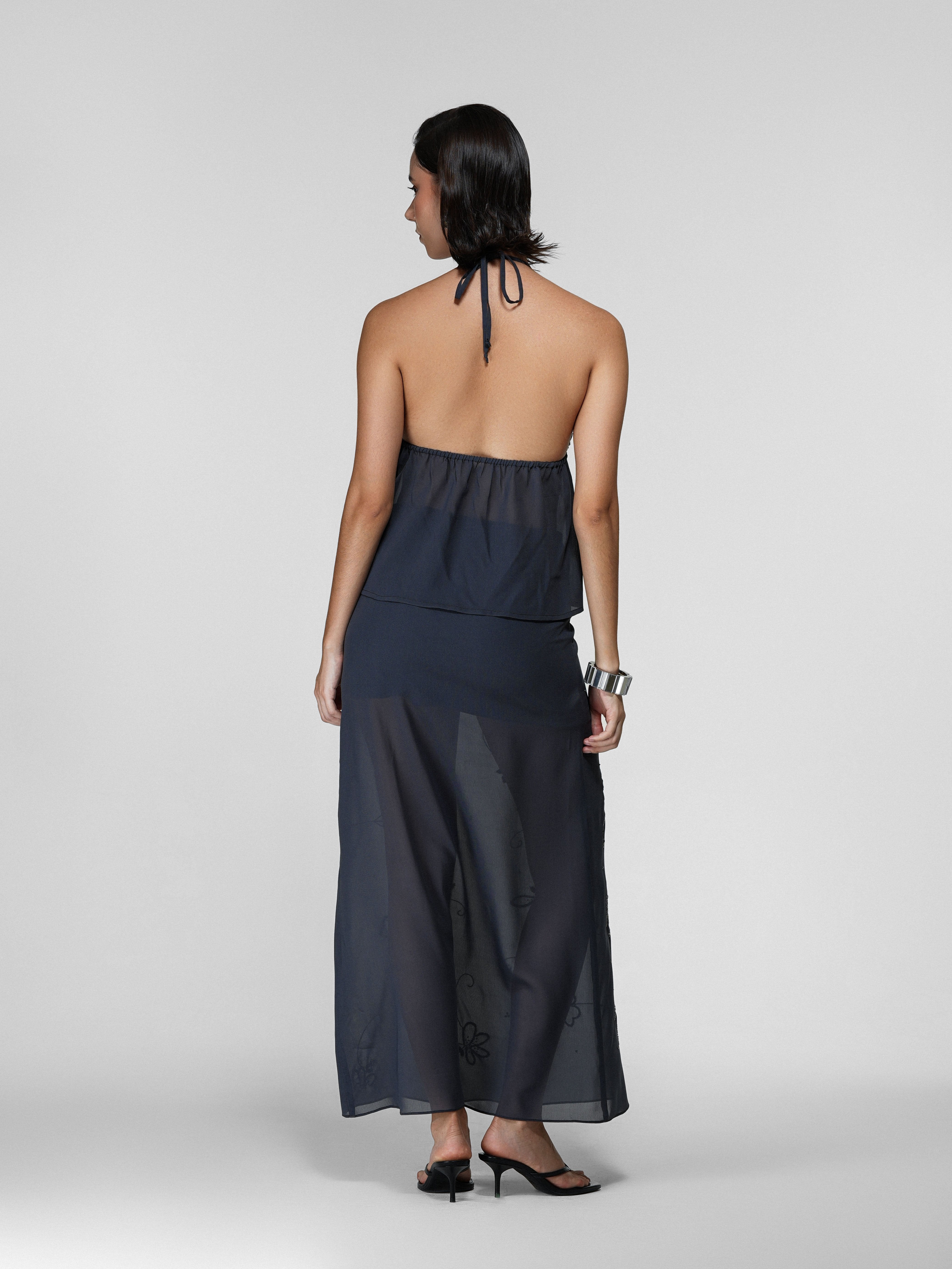 Grey Sheer Floral Bead-Embroidered Maxi Skirt