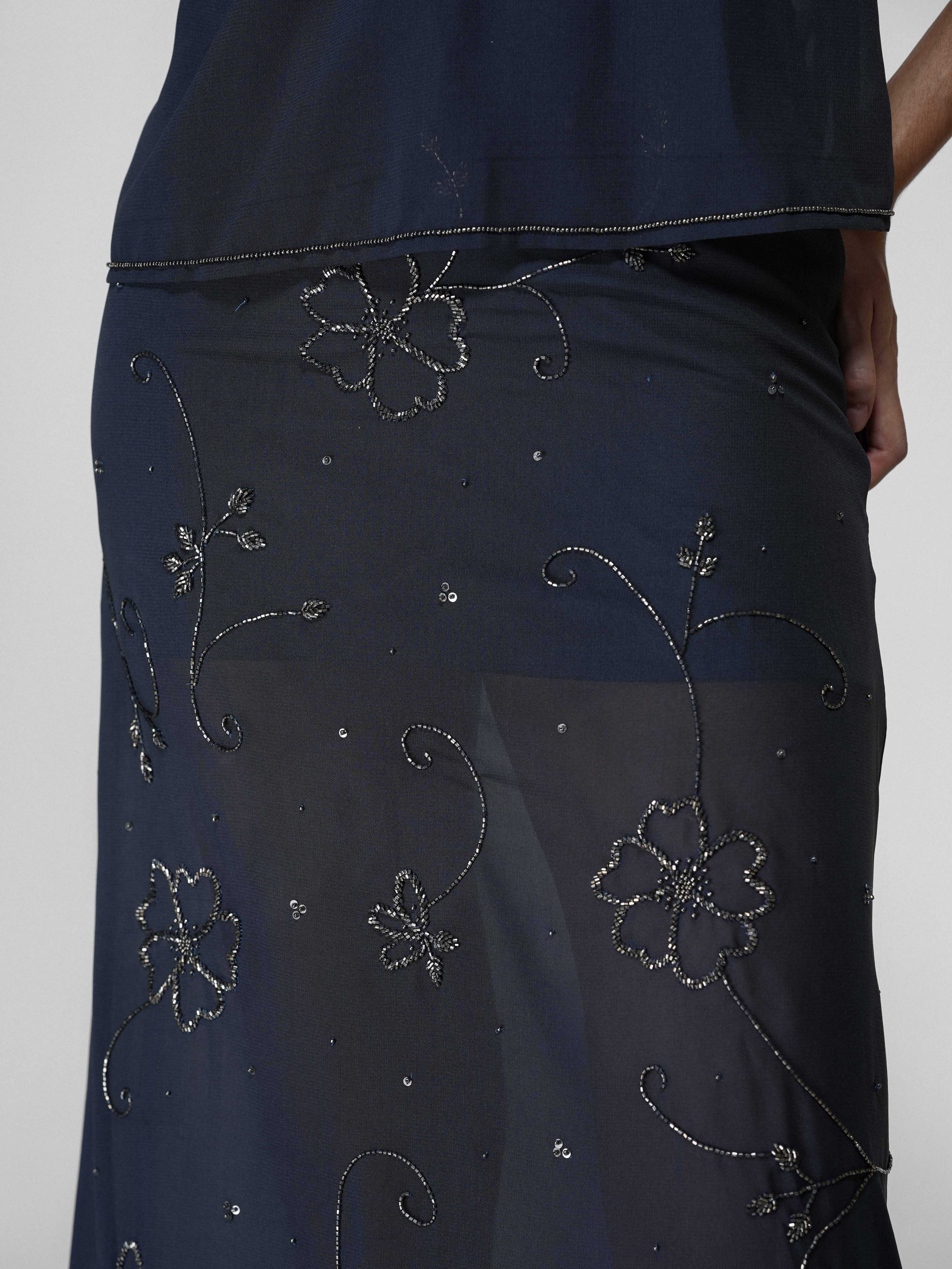 Grey Sheer Floral Bead-Embroidered Maxi Skirt