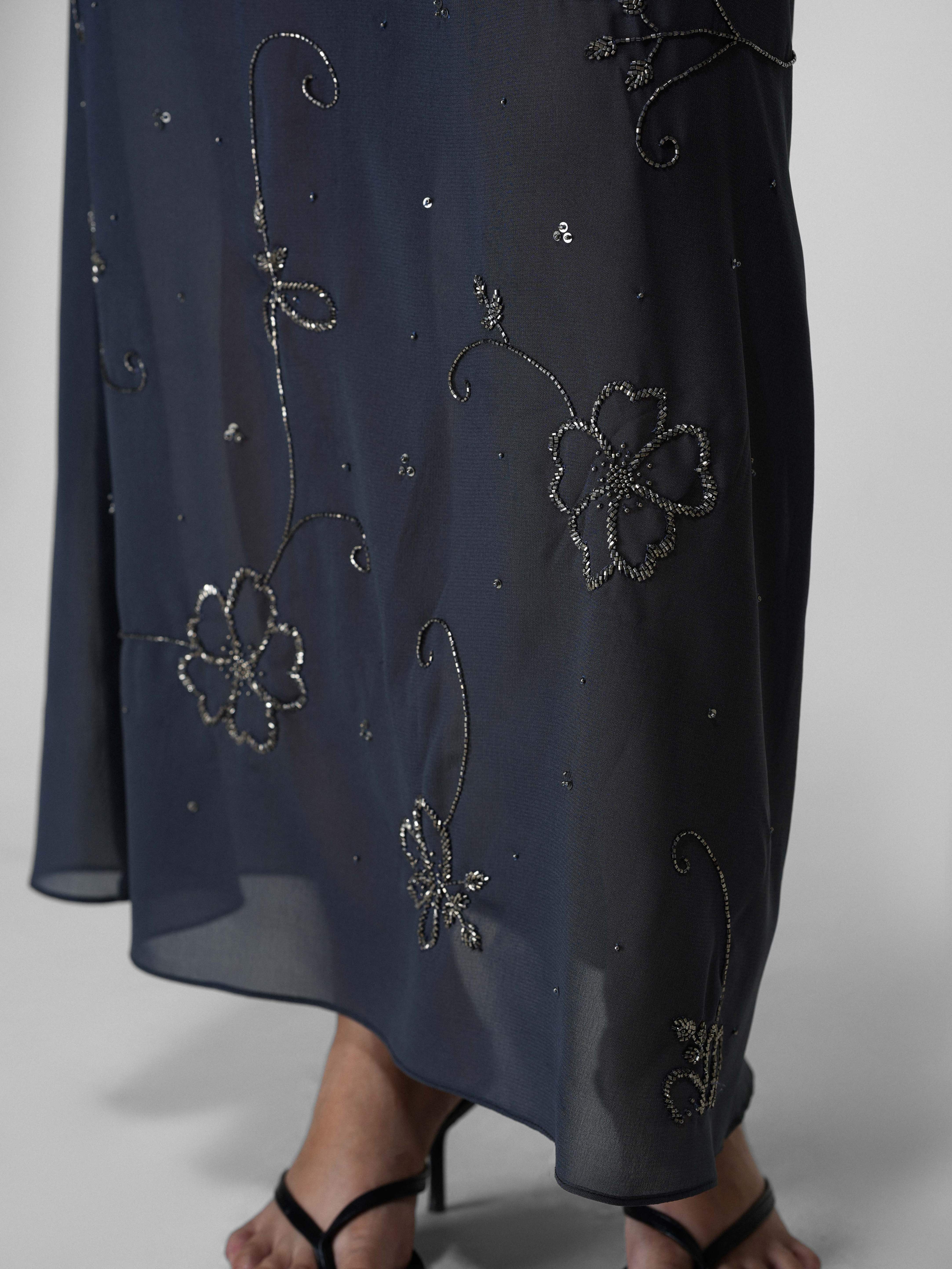 Grey Sheer Floral Bead-Embroidered Maxi Skirt