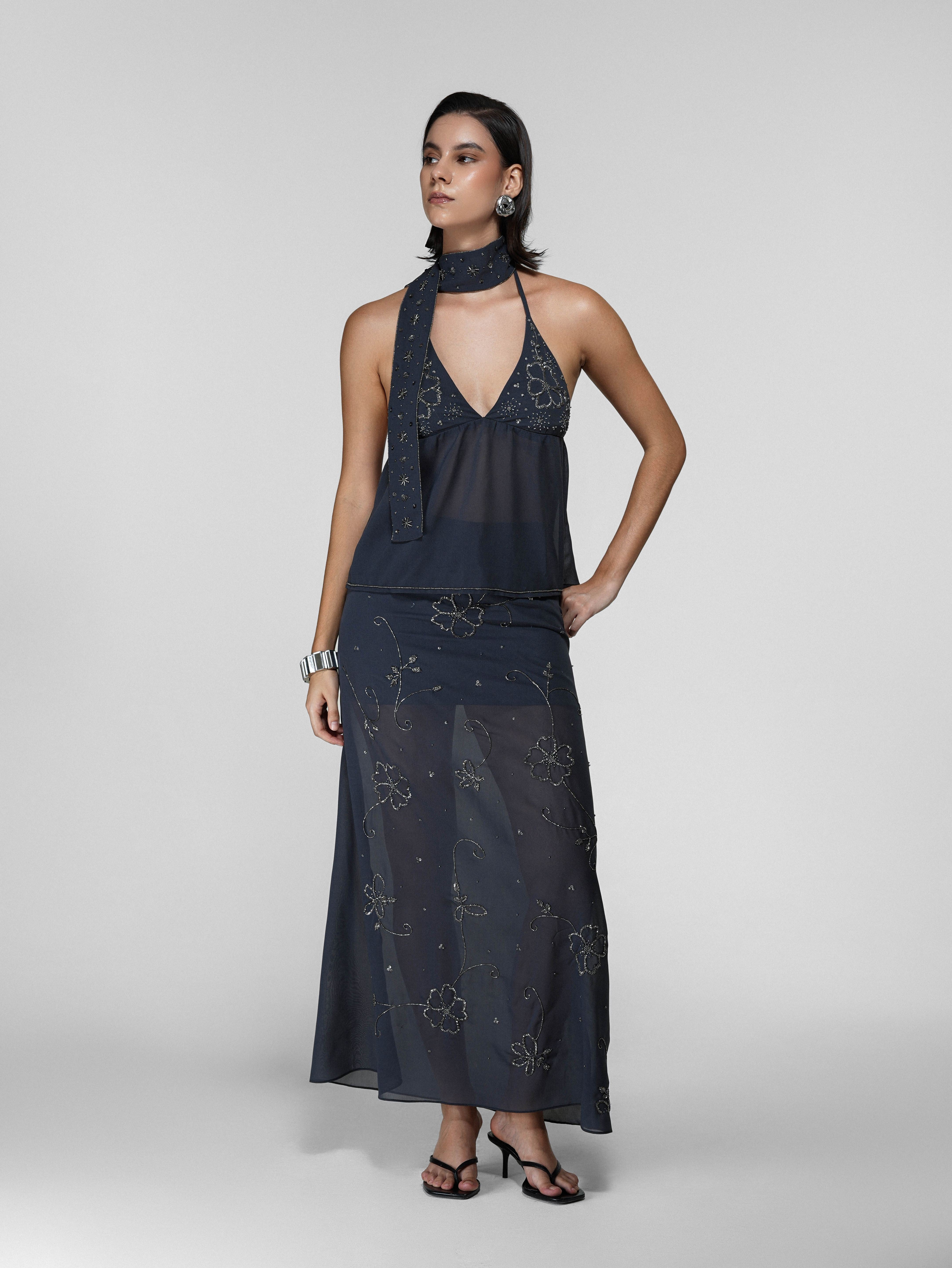 Grey Sheer Floral Bead-Embroidered Maxi Skirt
