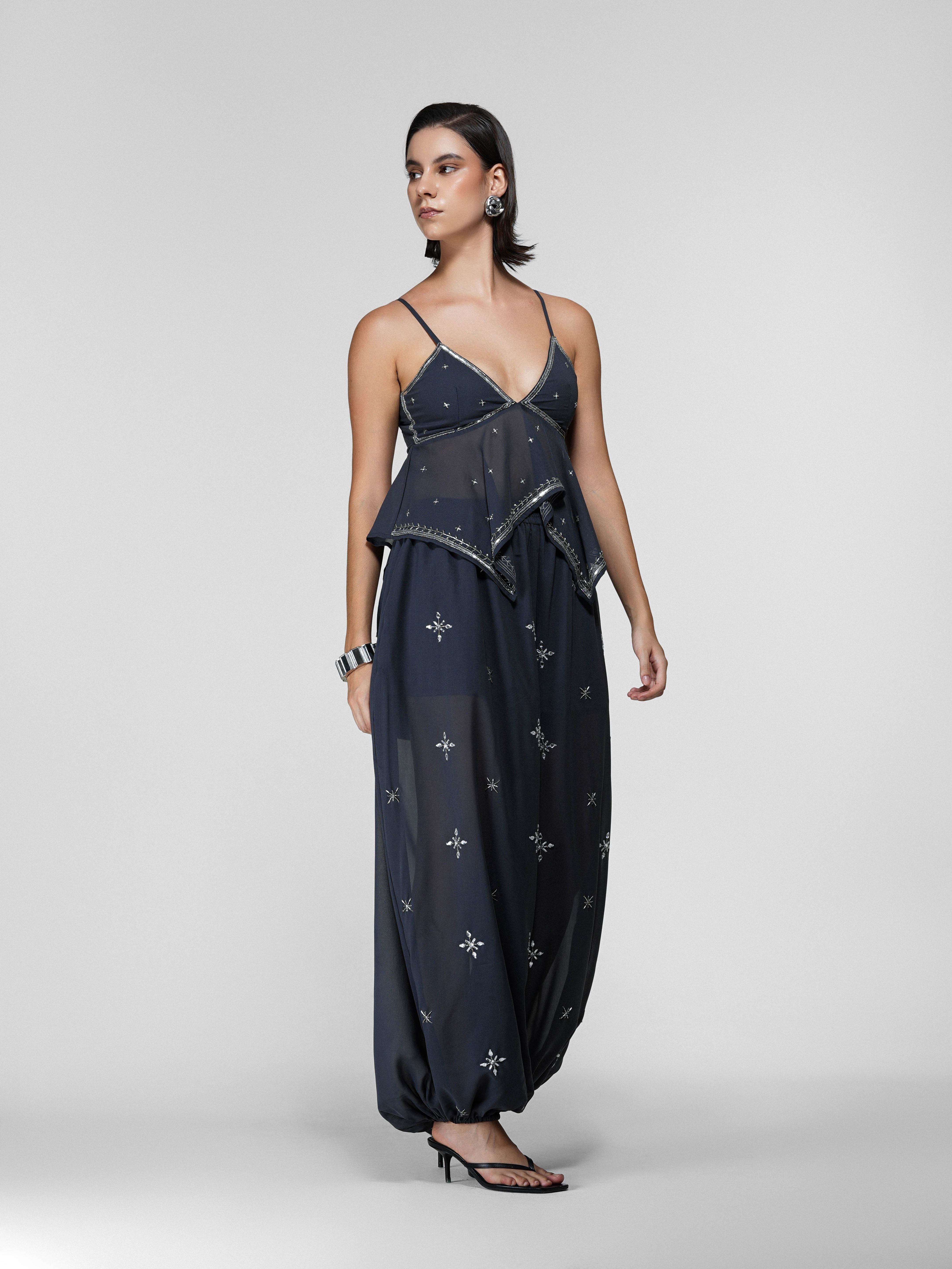 Grey Sheer Embroidered Balloon Pants