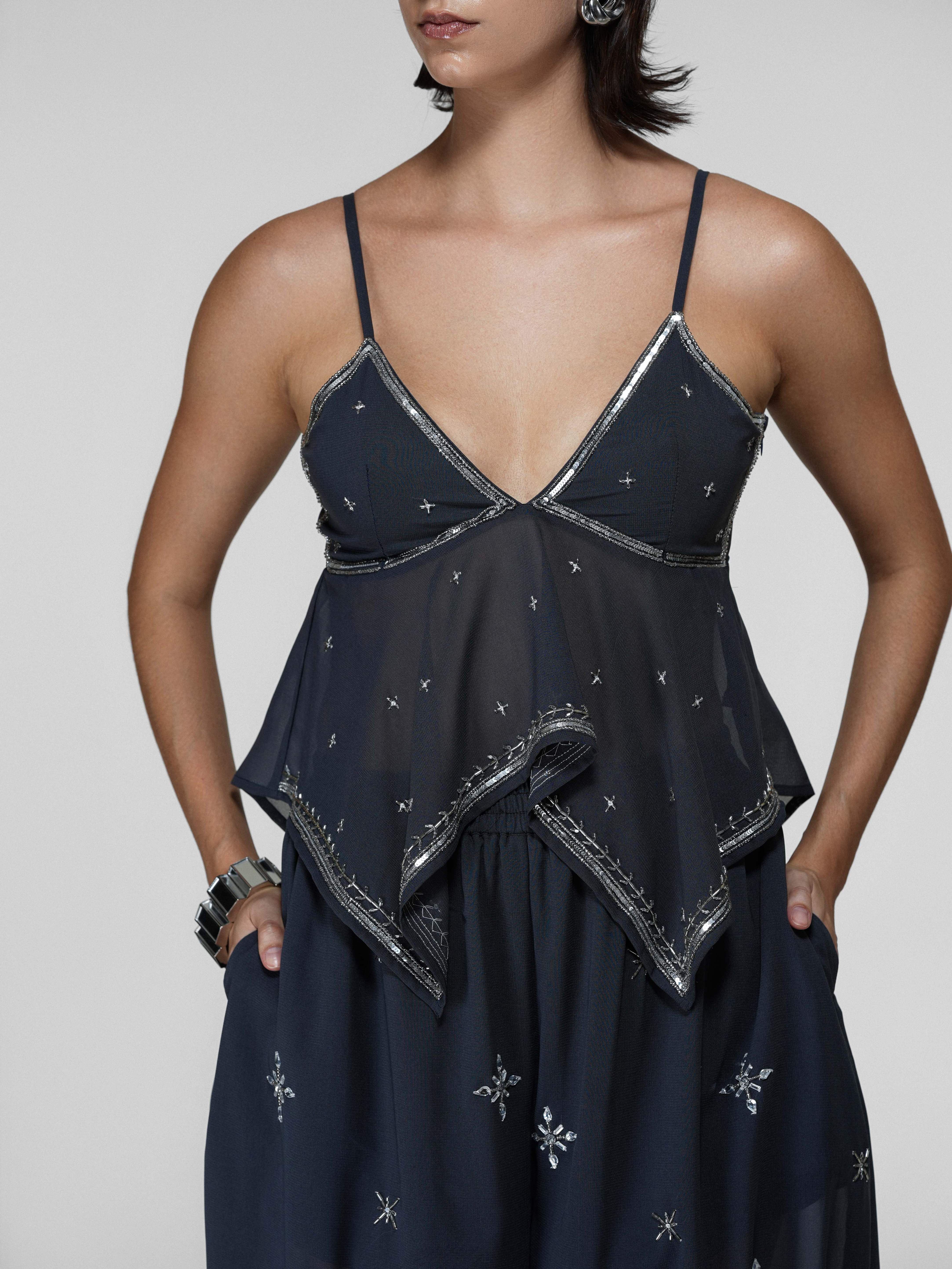 Grey Silver Embroidered Handkerchief Top