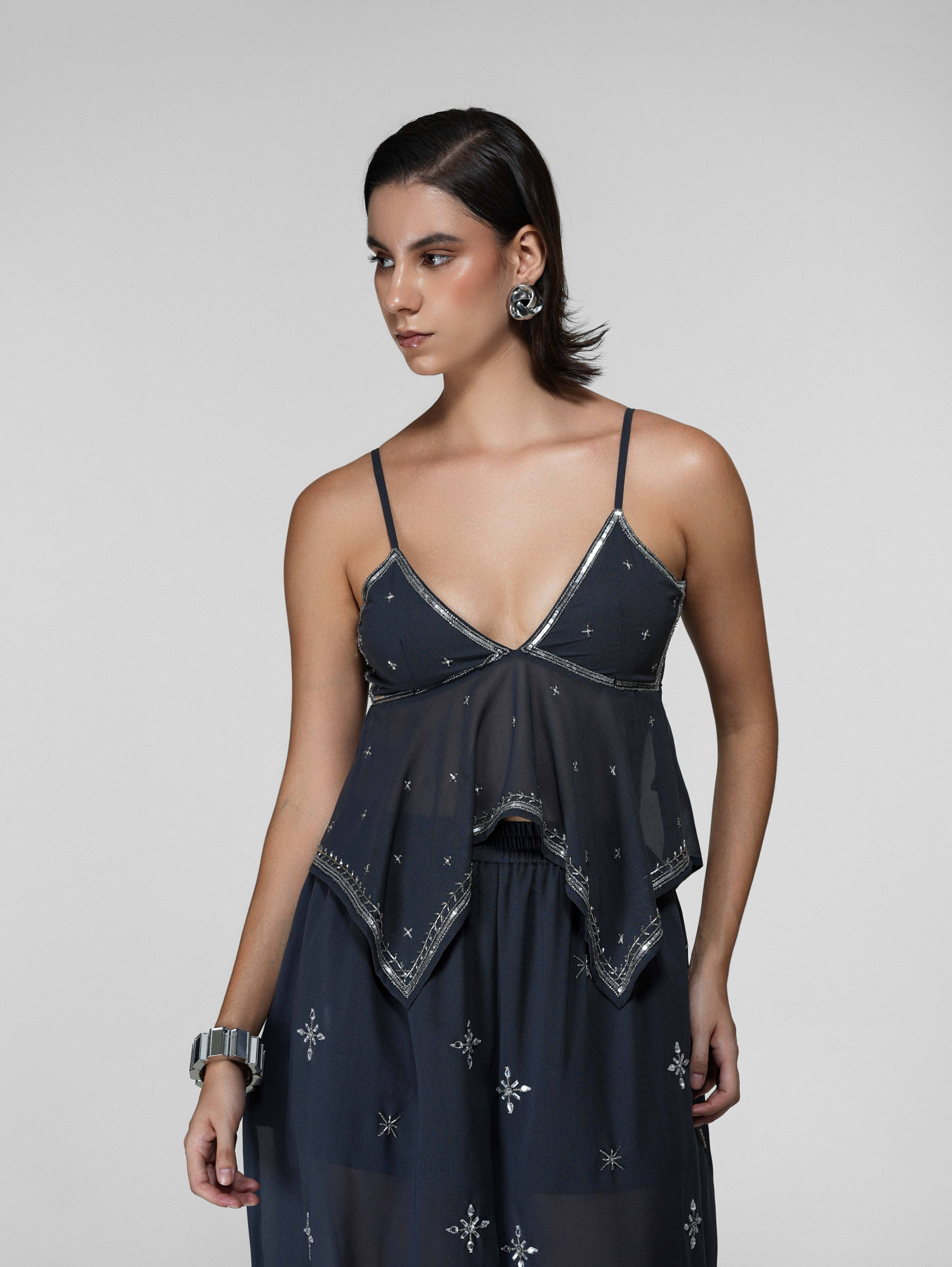 Grey Silver Embroidered Handkerchief Top