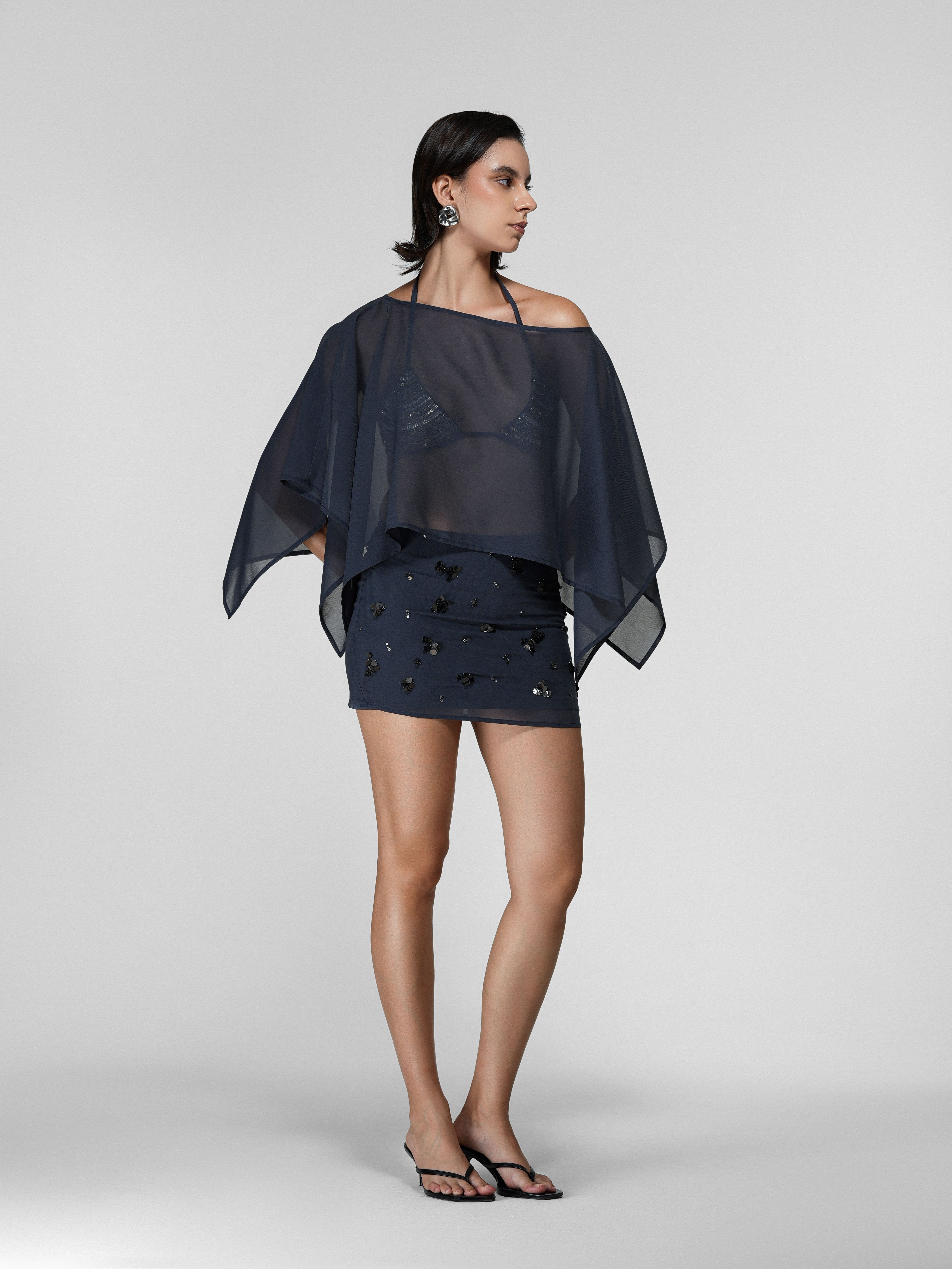 Grey Sheer Asymmetric Draped Cape