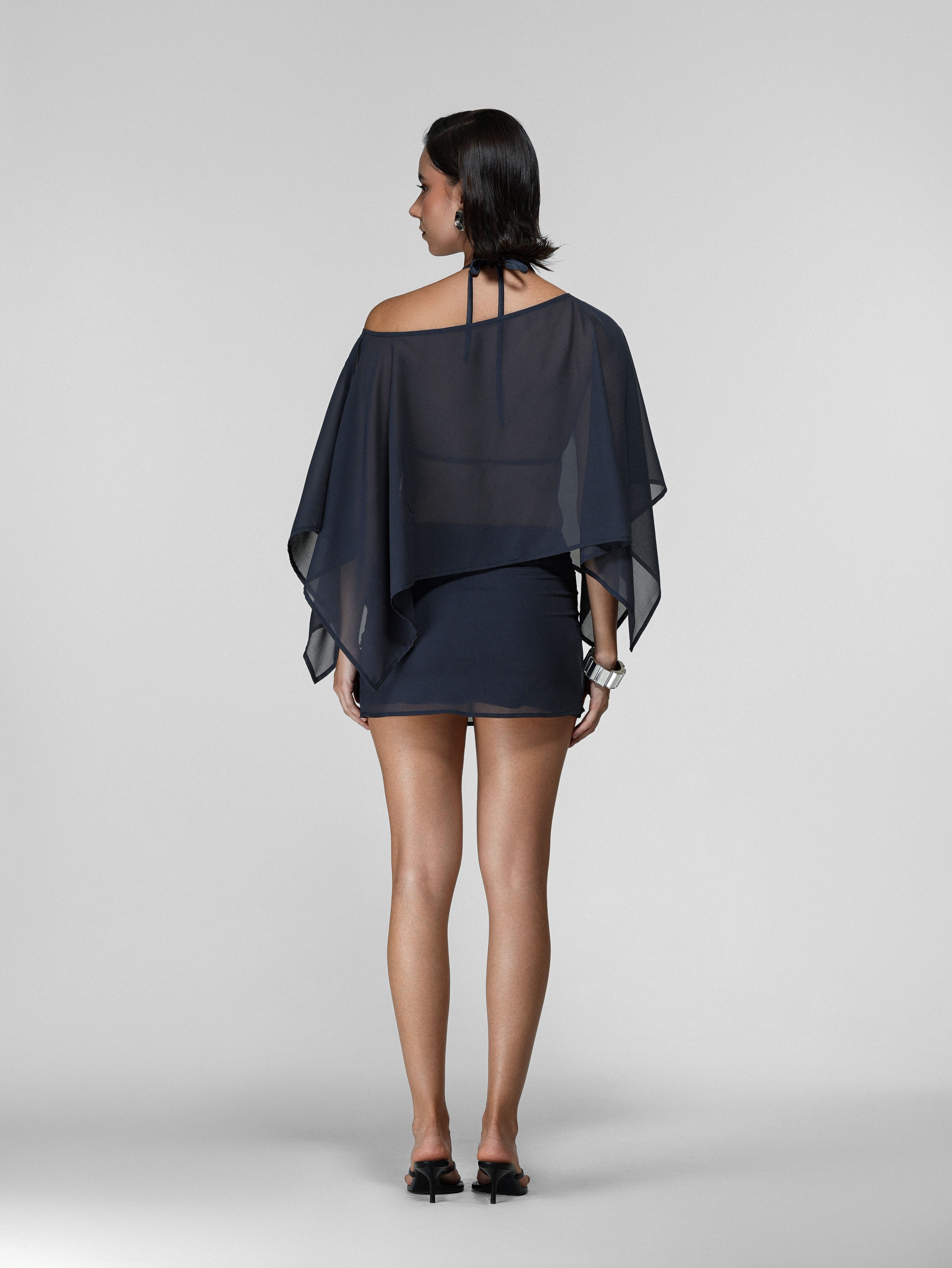 Grey Sheer Asymmetric Draped Cape