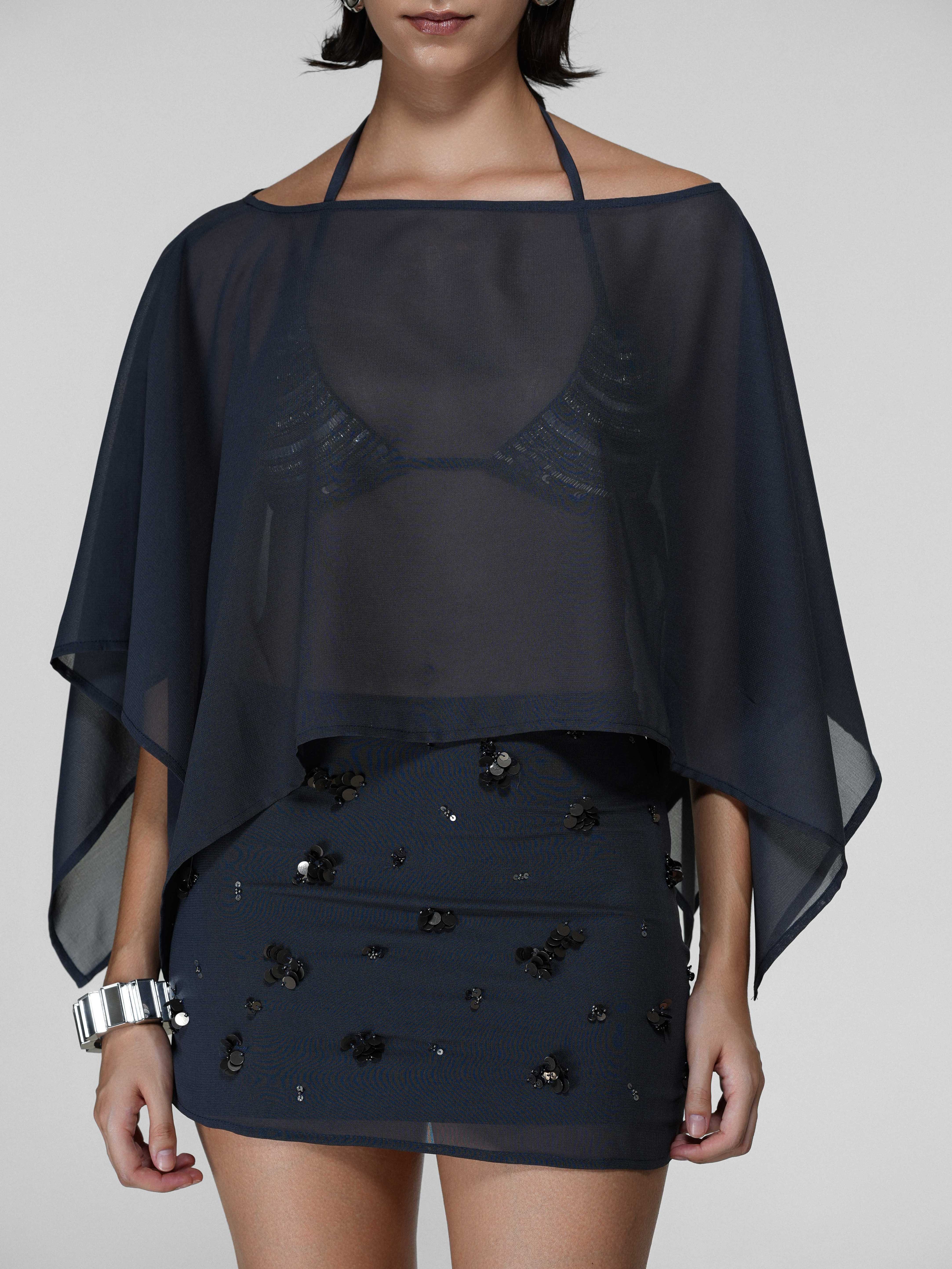 Grey Sheer Asymmetric Draped Cape