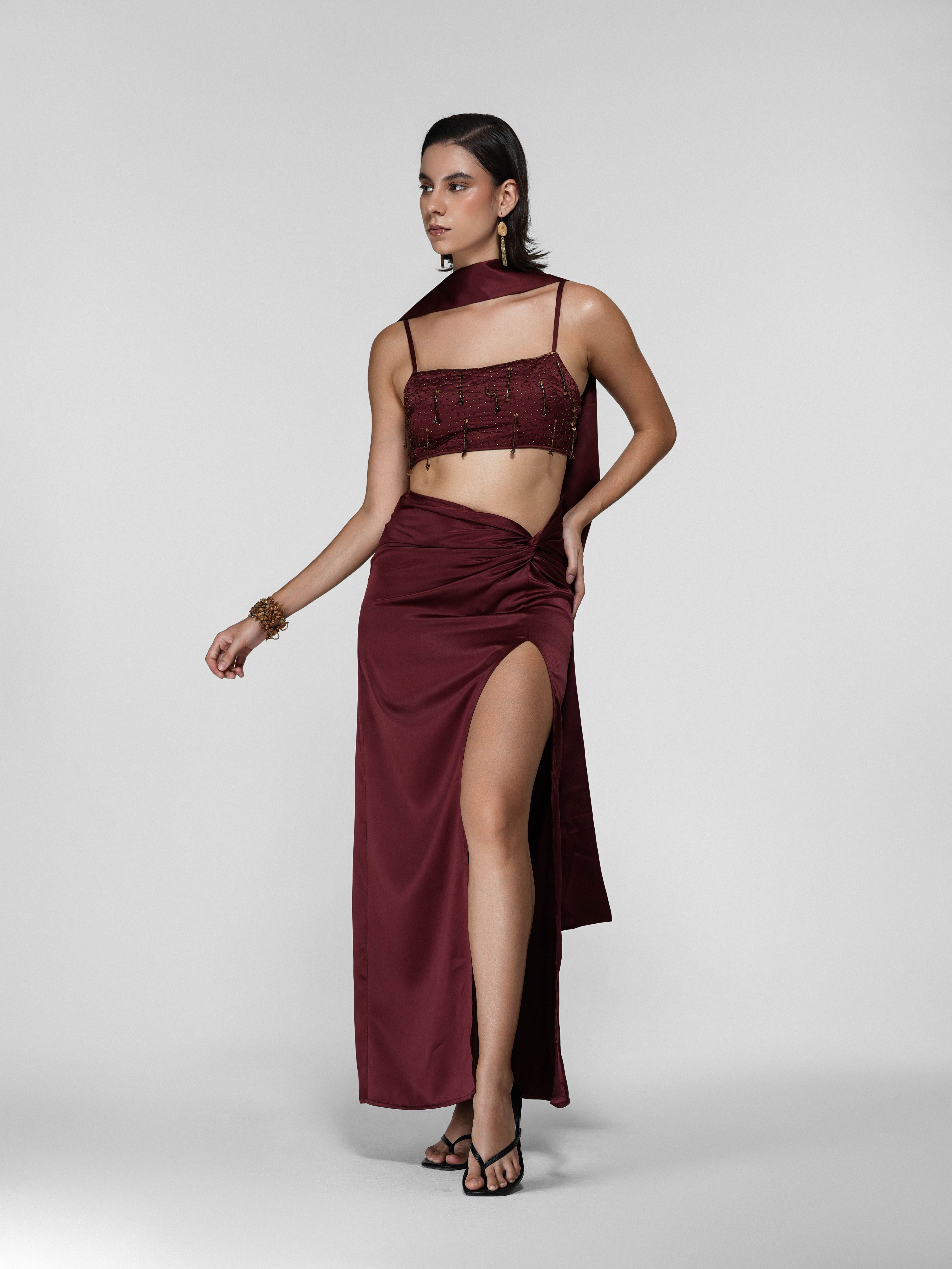 Hanging Bead Fringe Cropped Satin Top & Knotted Skirt Set