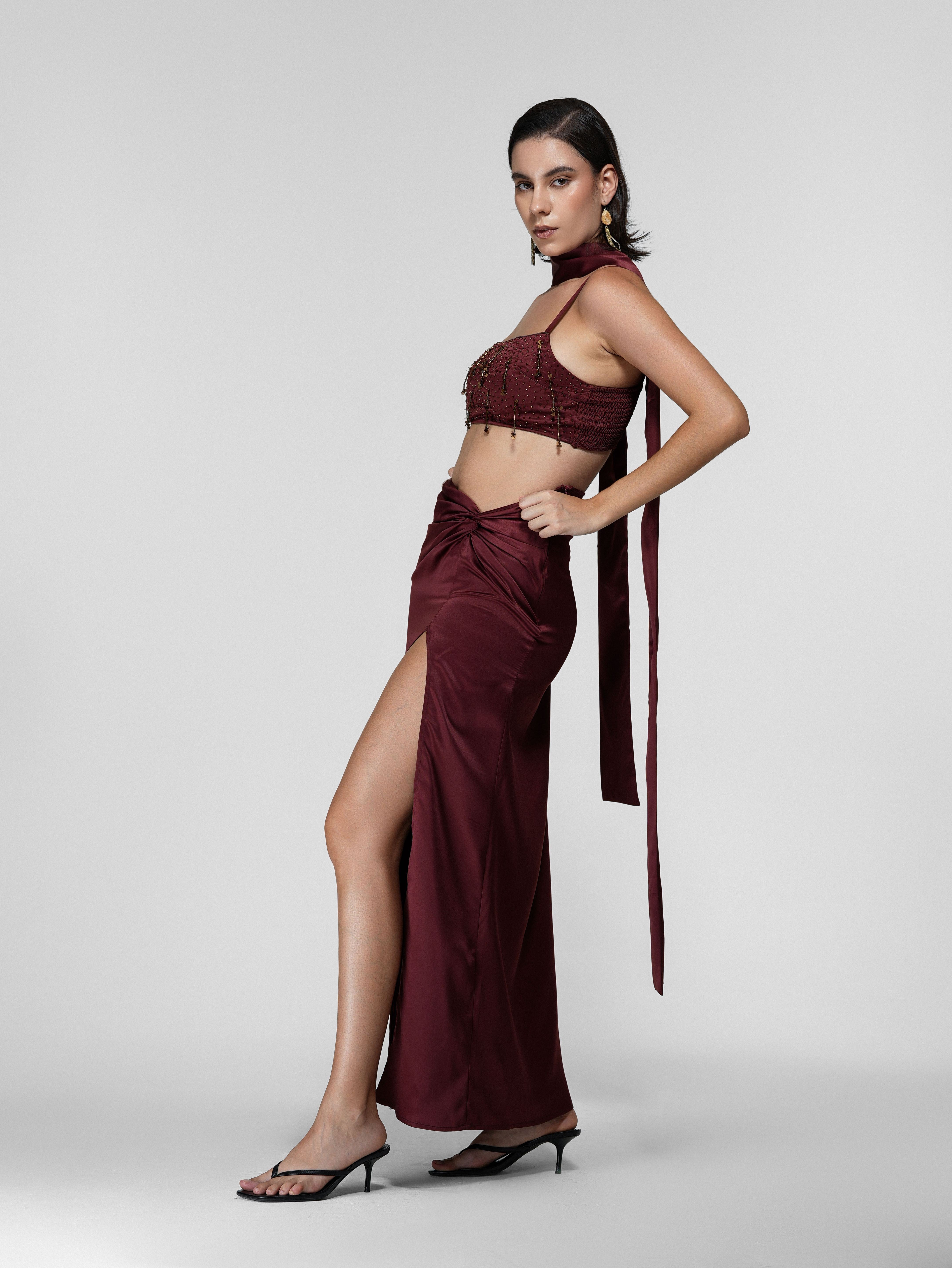 Hanging Bead Fringe Cropped Satin Top & Knotted Skirt Set
