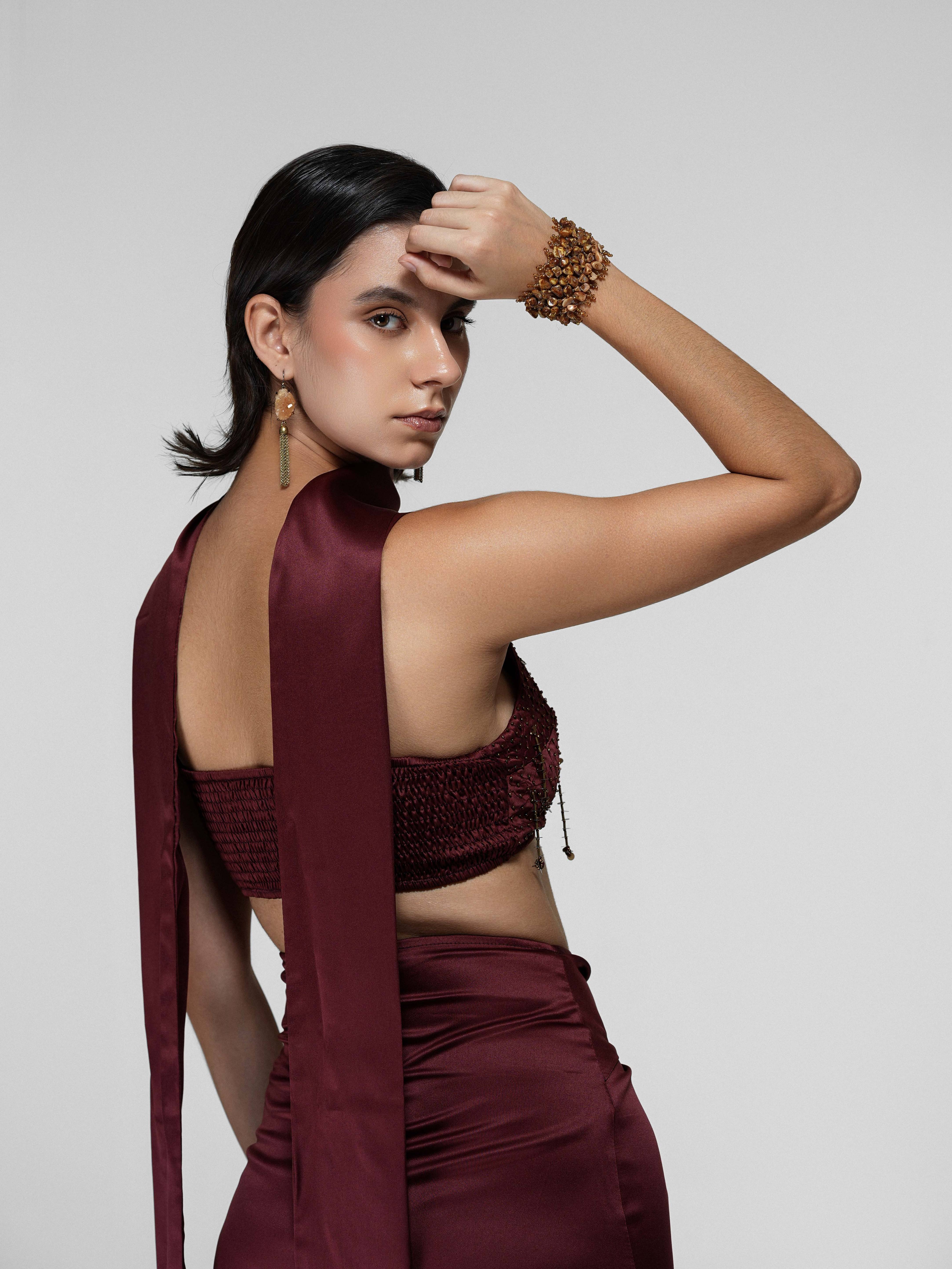 Hanging Bead Fringe Cropped Satin Top