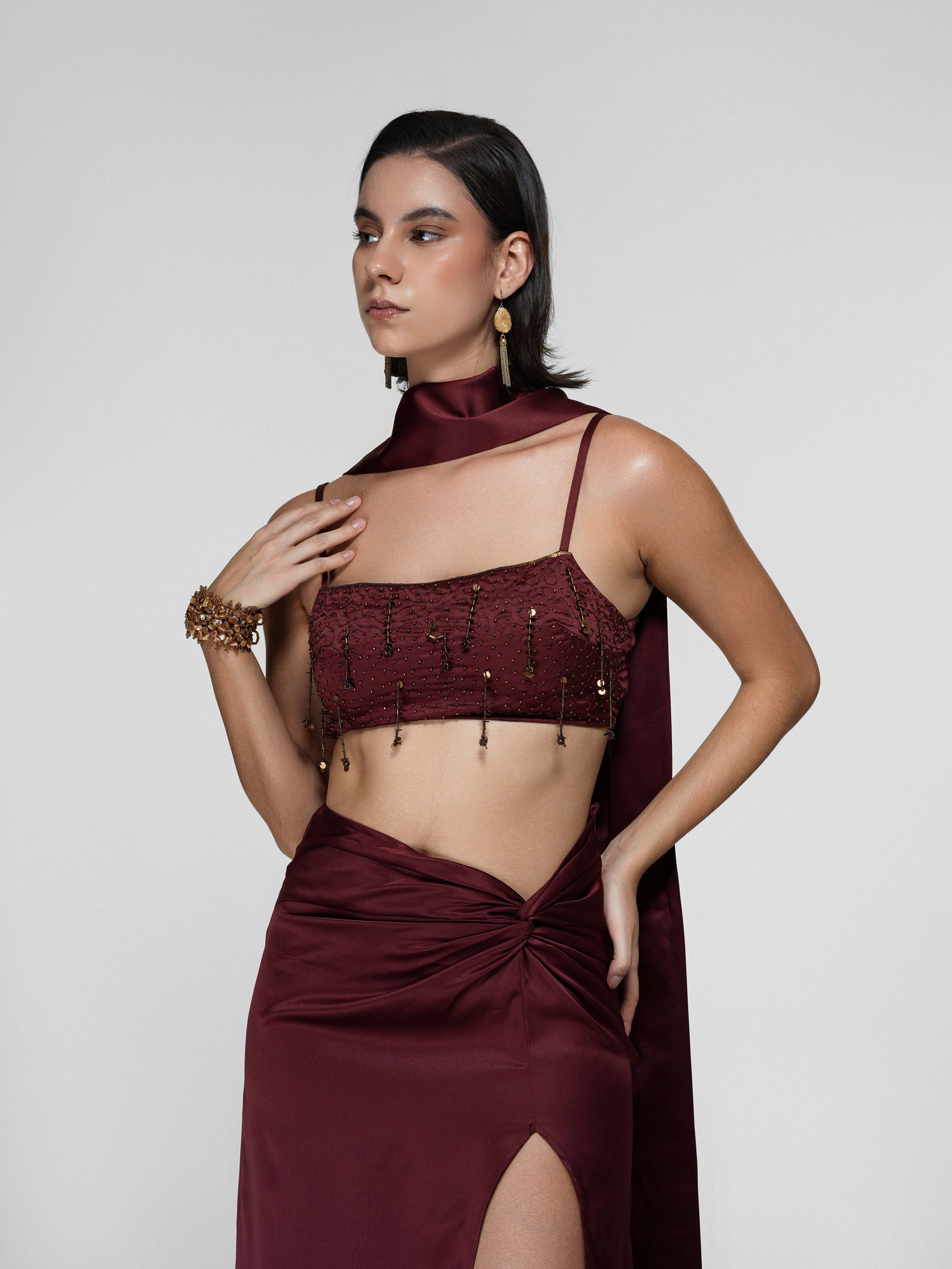 Hanging Bead Fringe Cropped Satin Top & Knotted Skirt Set