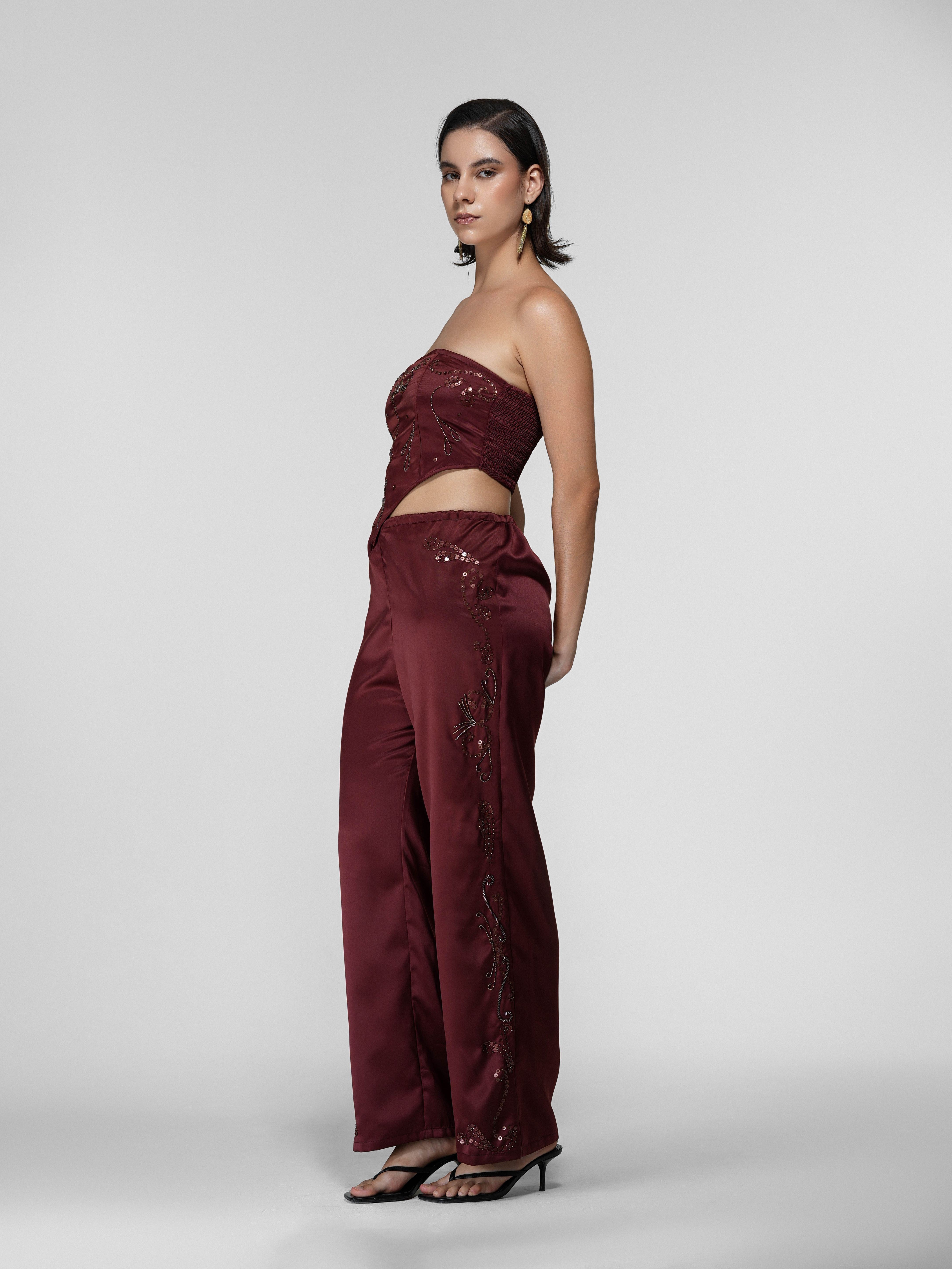 Floral Hand-Beaded Sequin Strapless Satin Top