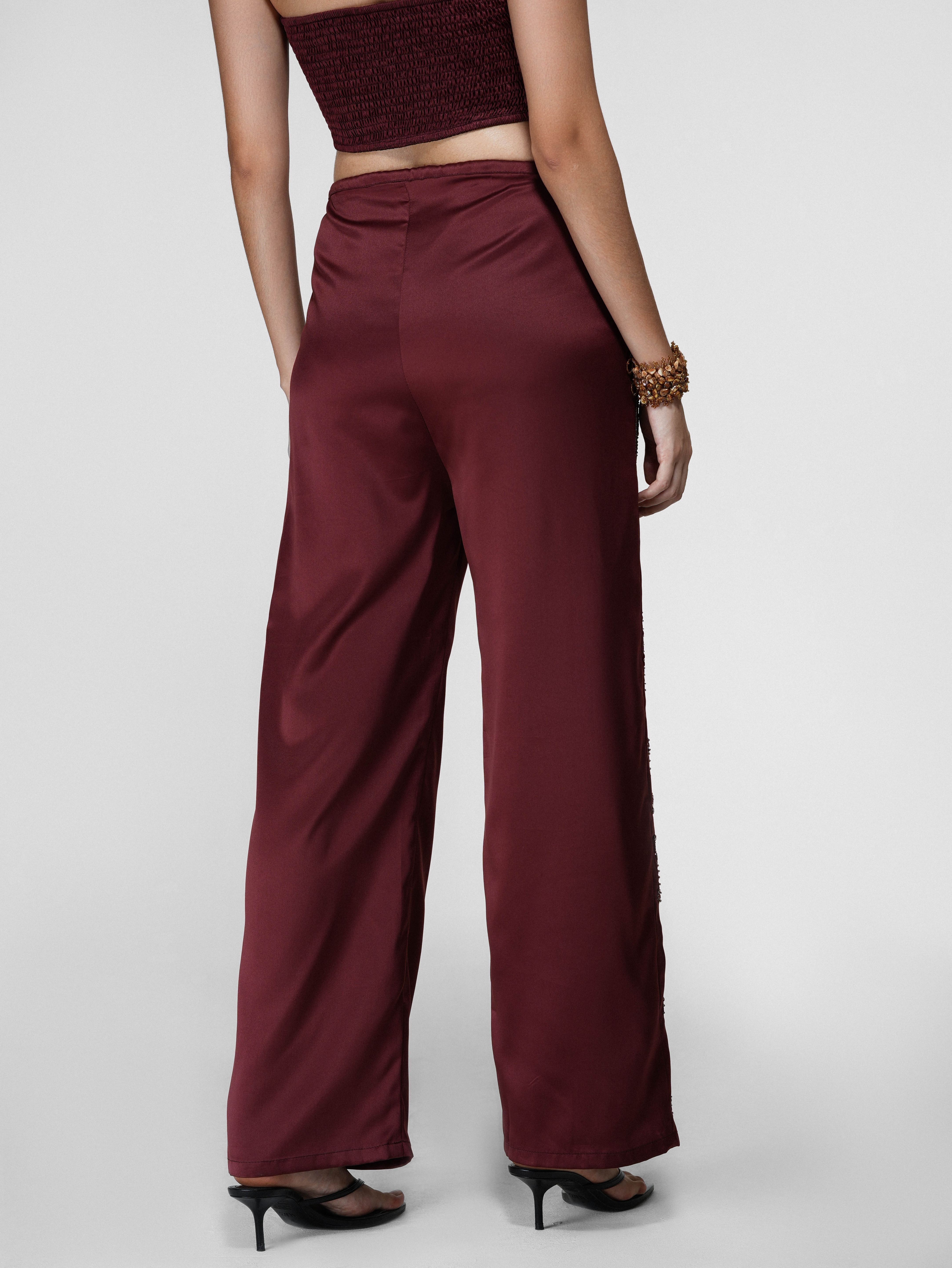 Floral Hand-Beaded Sequin Wide-Leg Satin Pants
