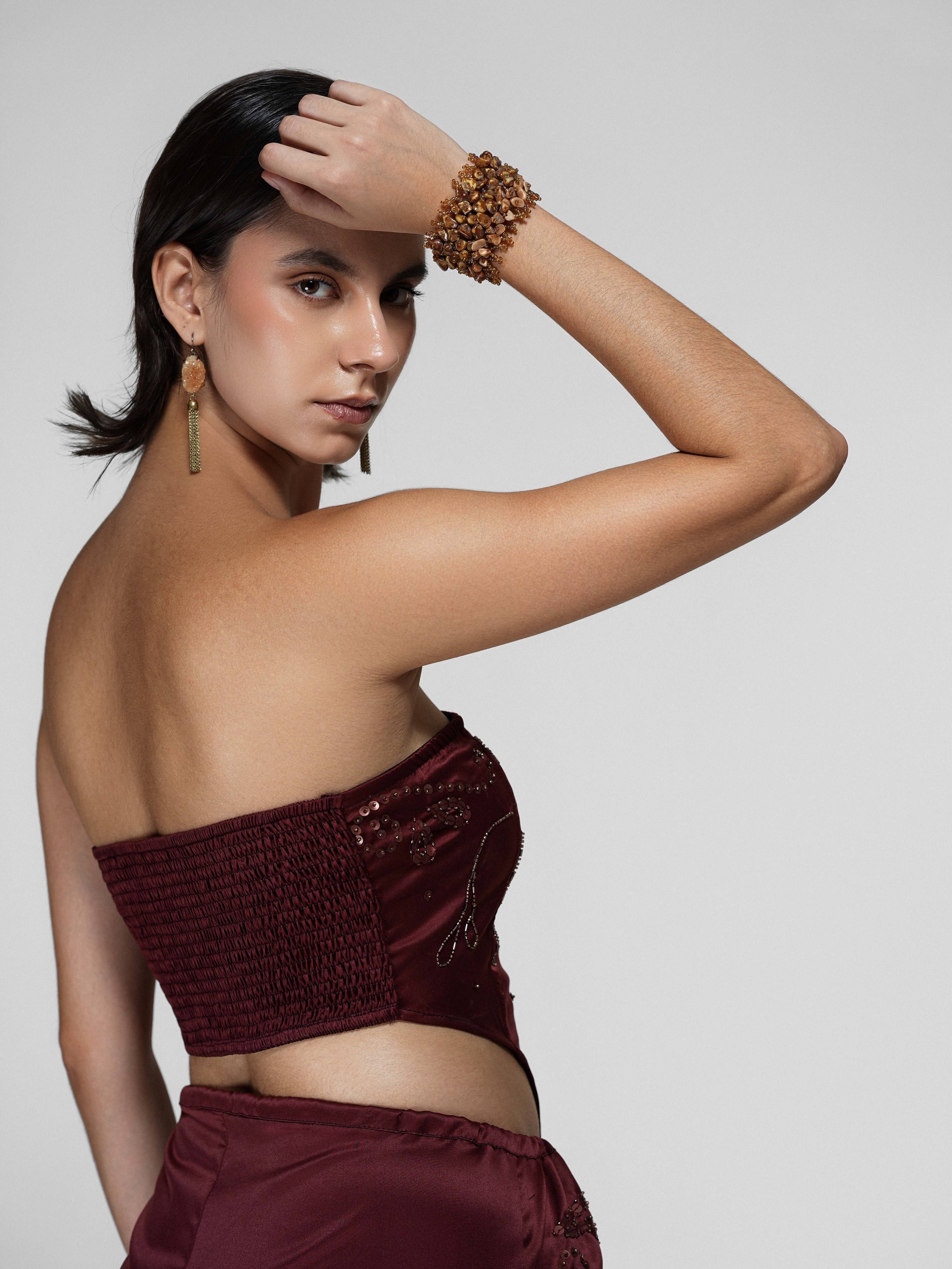 Floral Hand-Beaded Sequin Strapless Satin Top