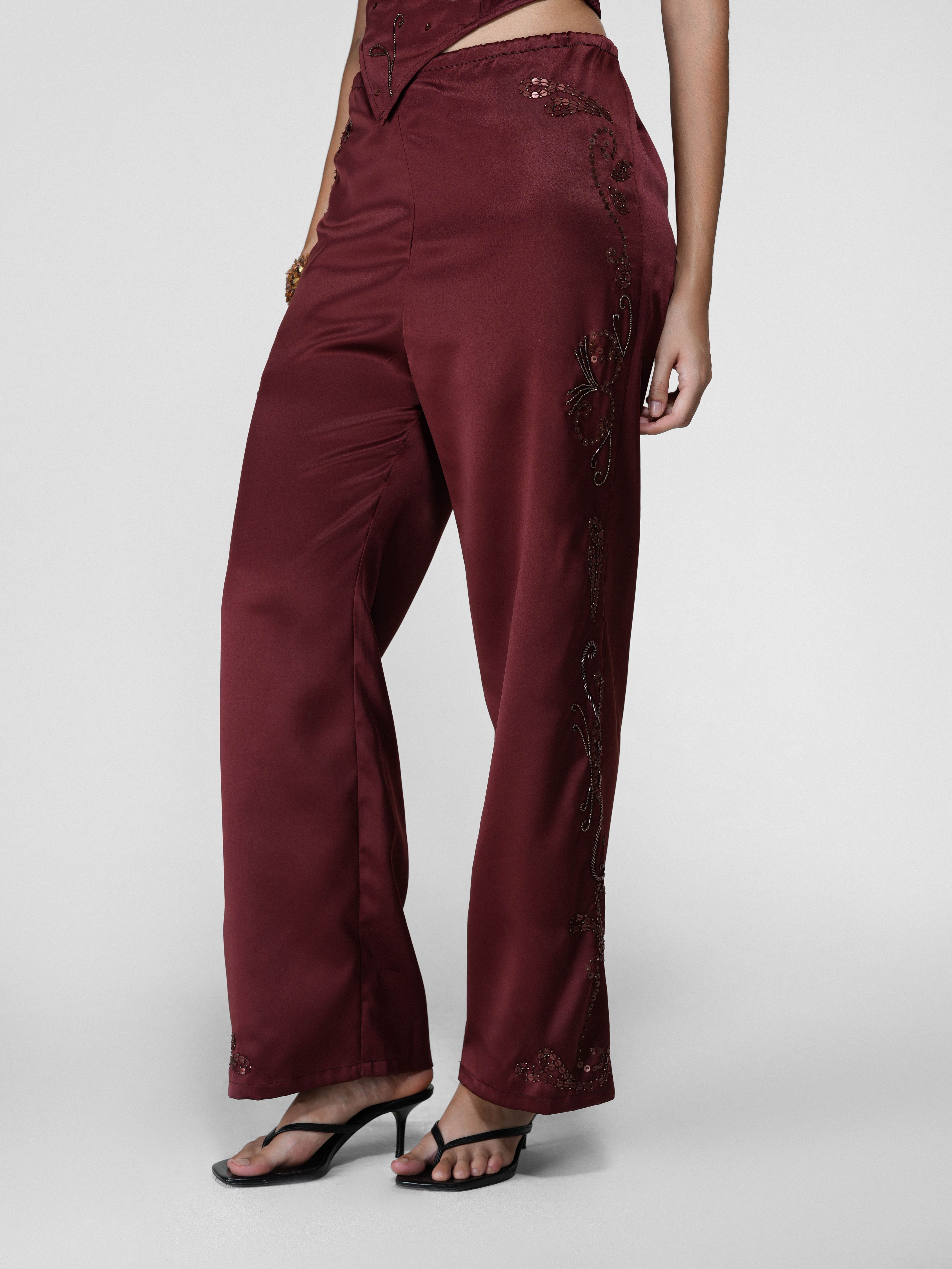 Floral Hand-Beaded Sequin Wide-Leg Satin Pants