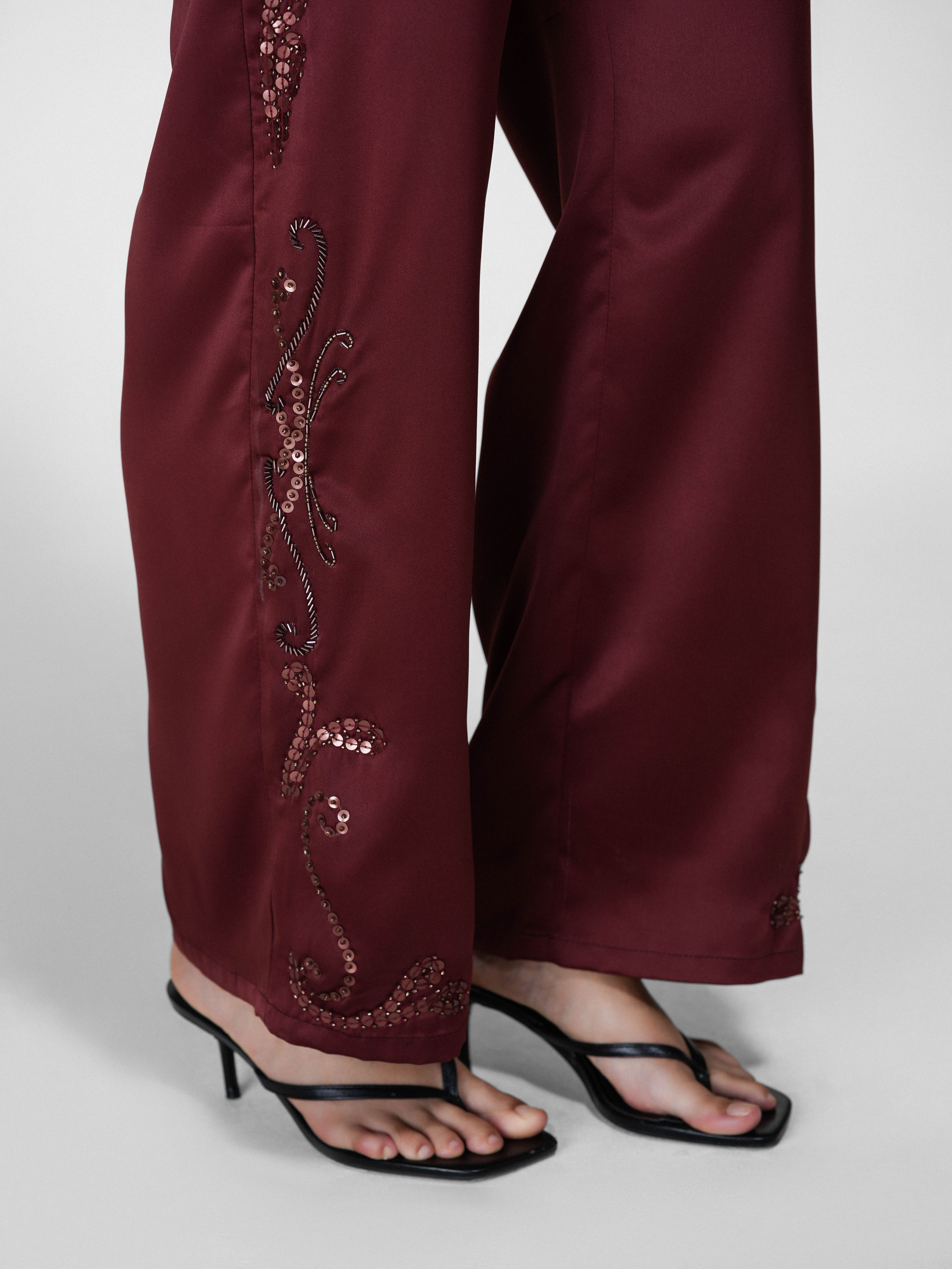Floral Hand-Beaded Sequin Wide-Leg Satin Pants