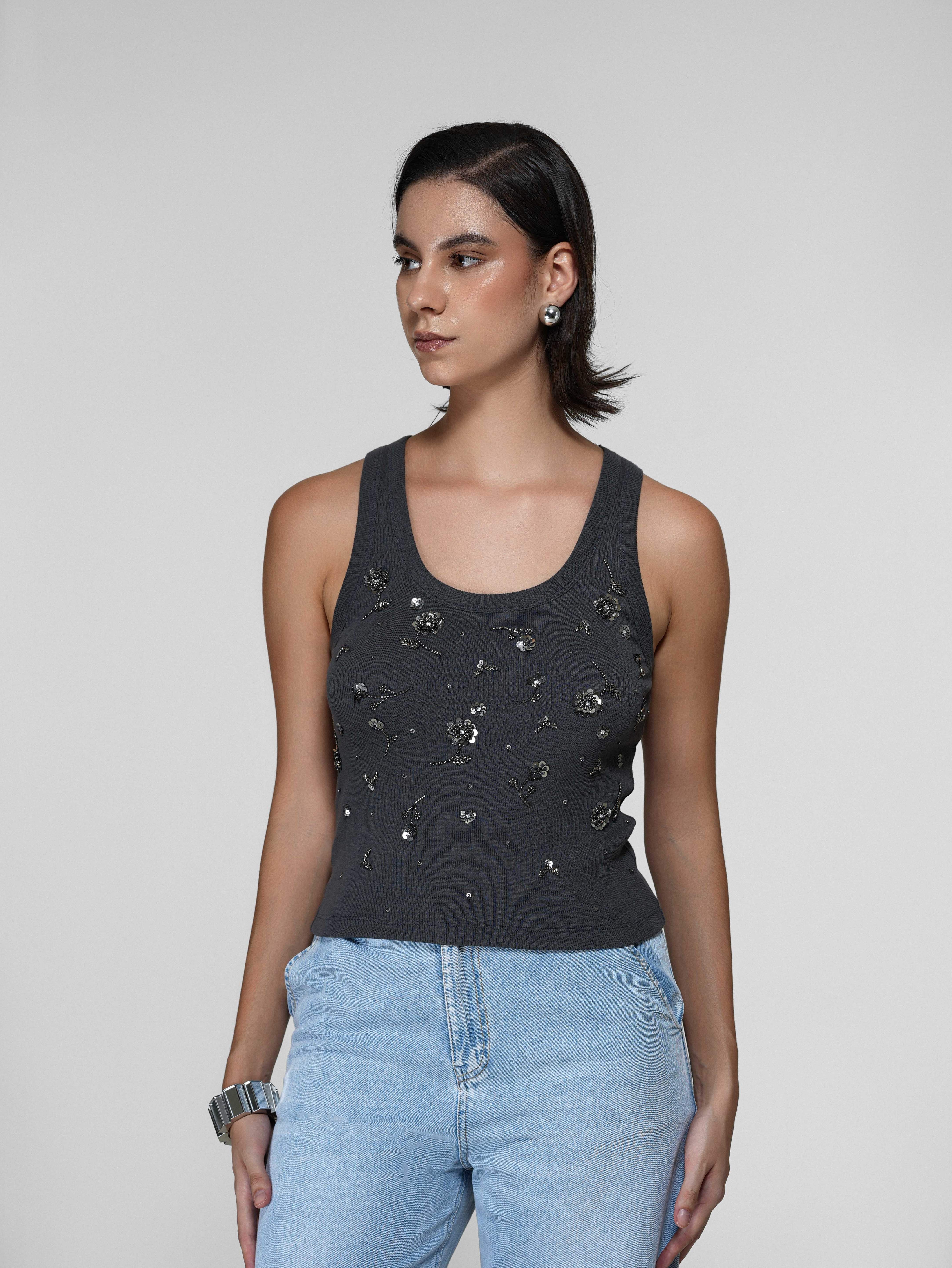 Dark Grey Beaded Floral Tank Top