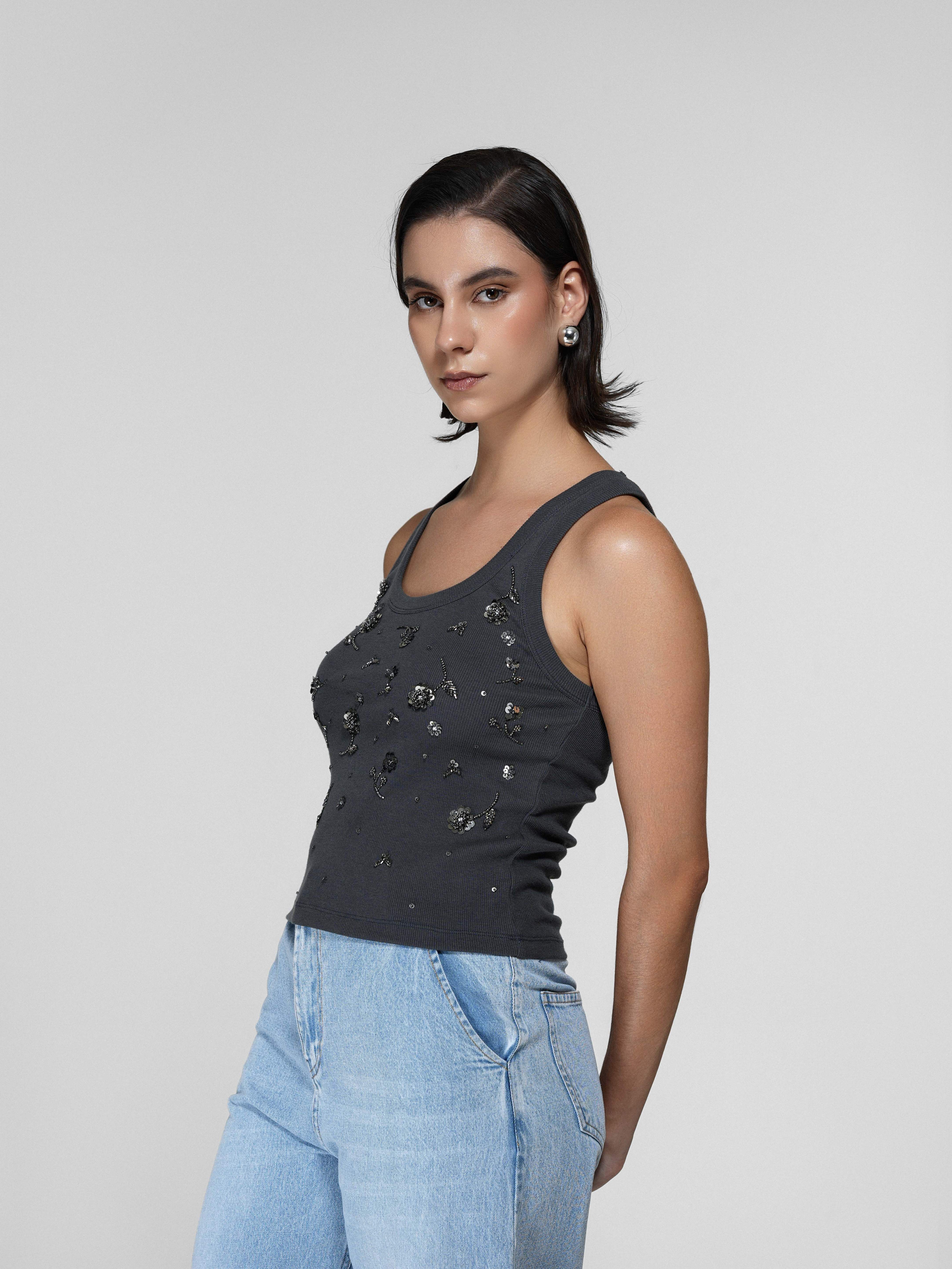 Dark Grey Beaded Floral Tank Top