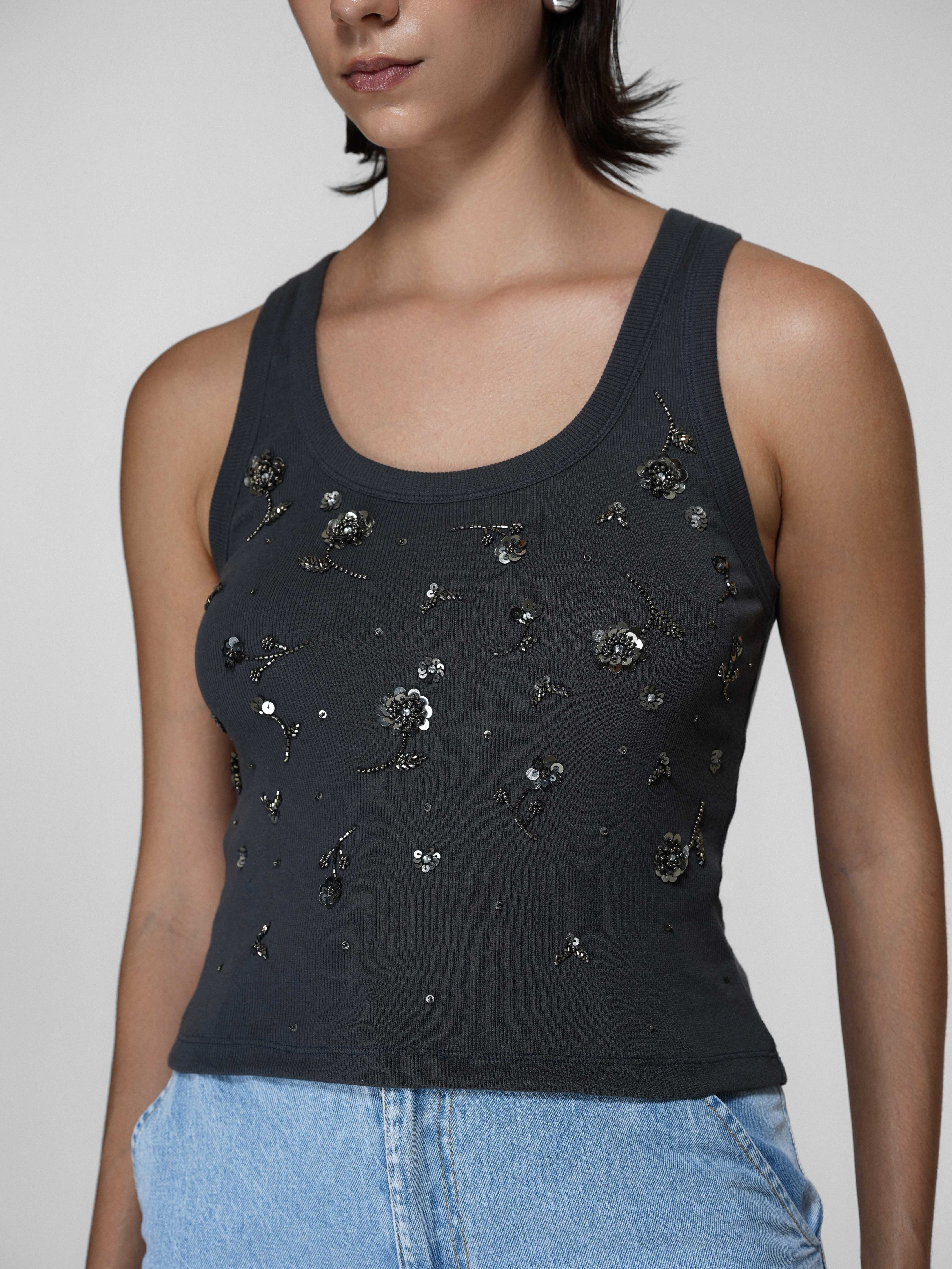 Dark Grey Beaded Floral Tank Top