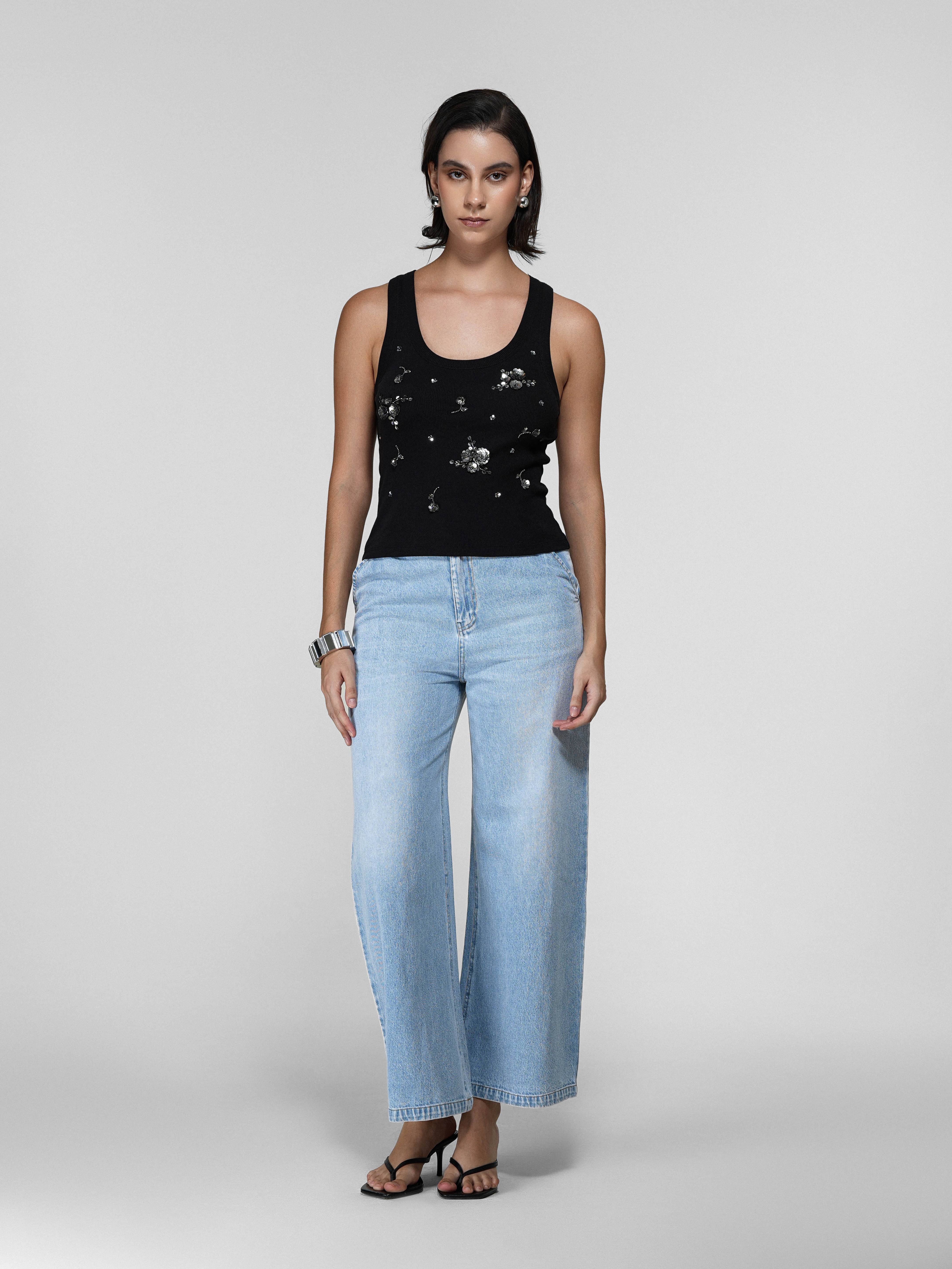Black Beaded Floral Tank Top