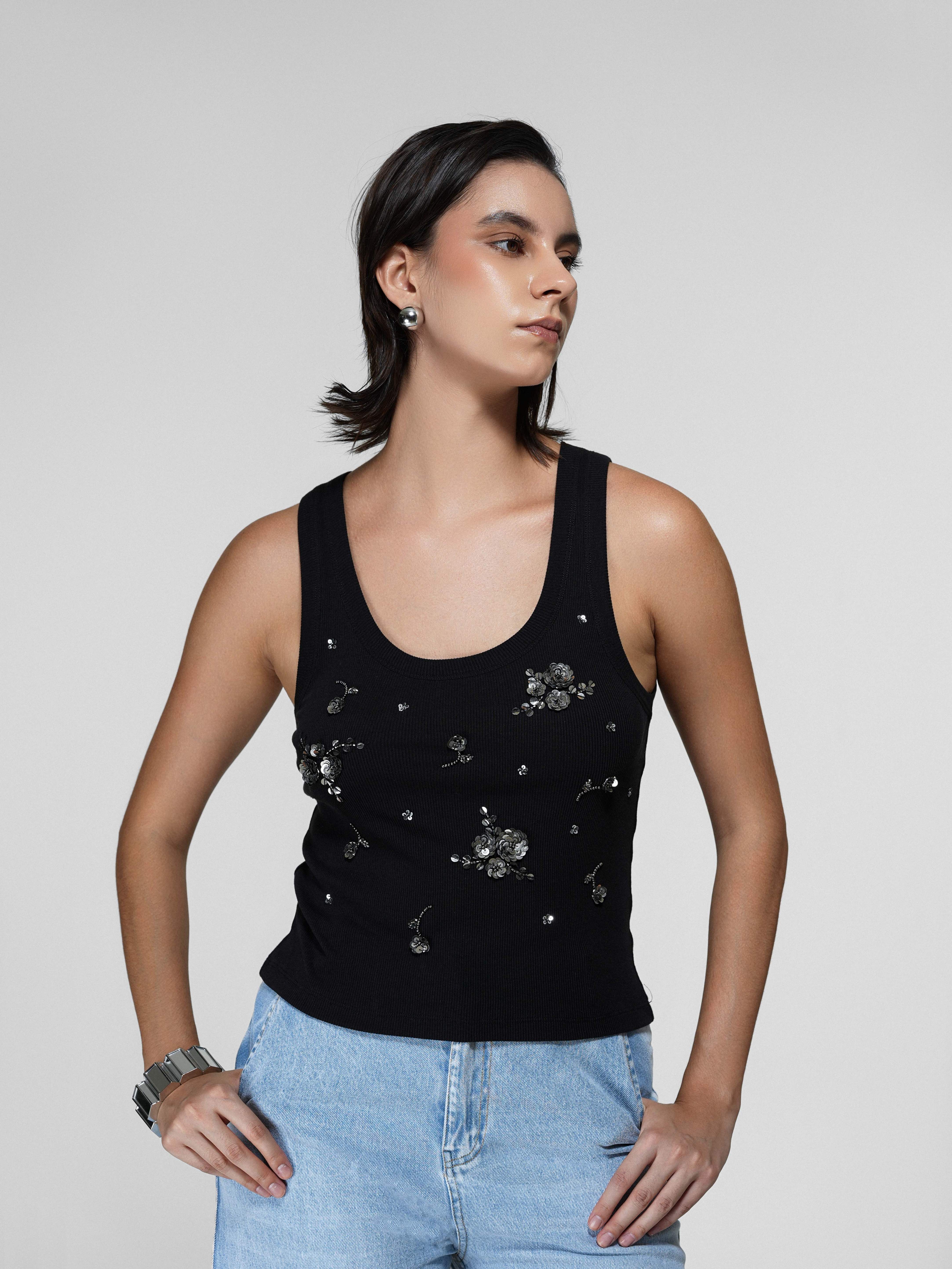 Black Beaded Floral Tank Top