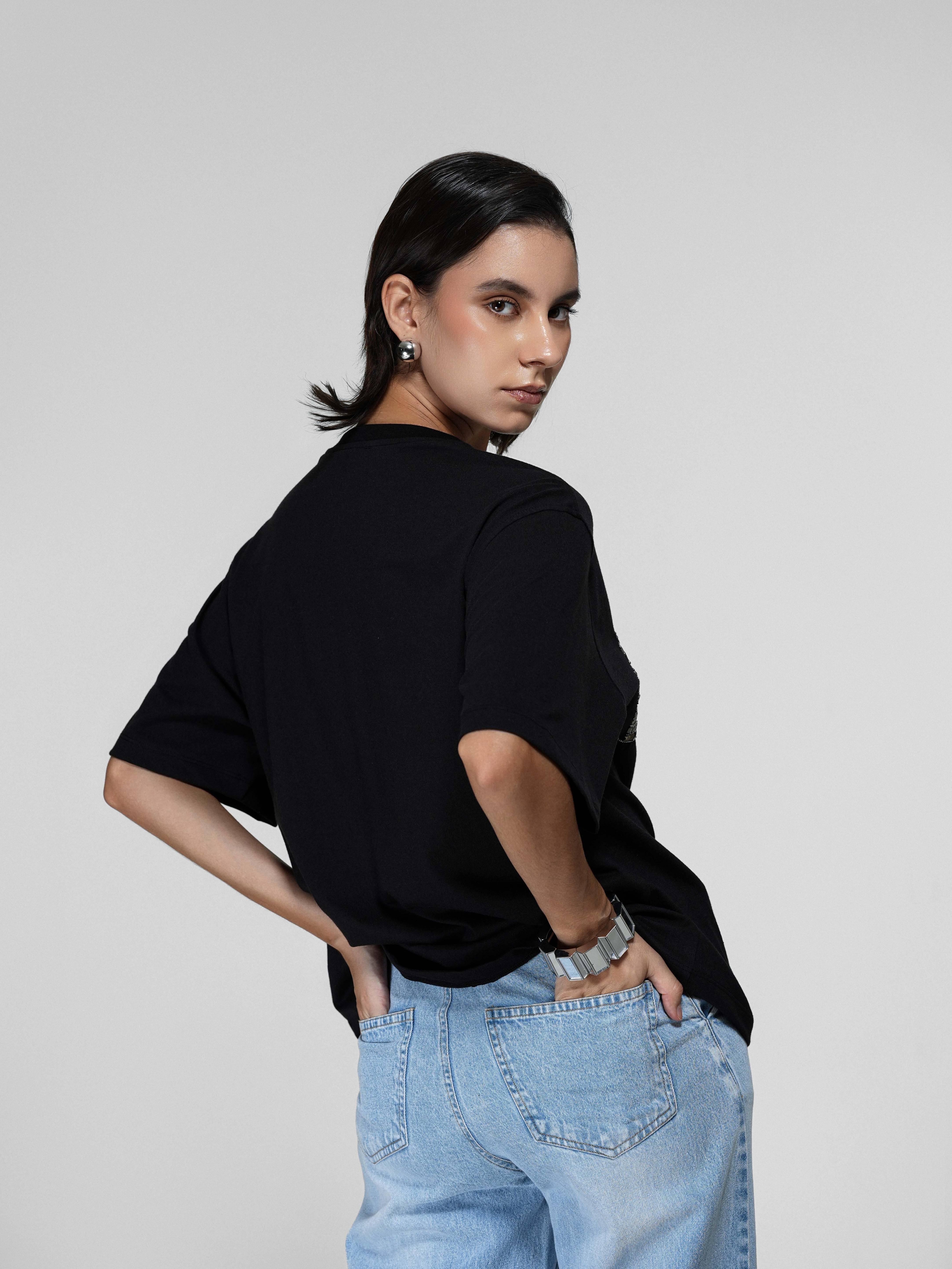 Hand-Beaded Sequin Bralette Oversized T-Shirt