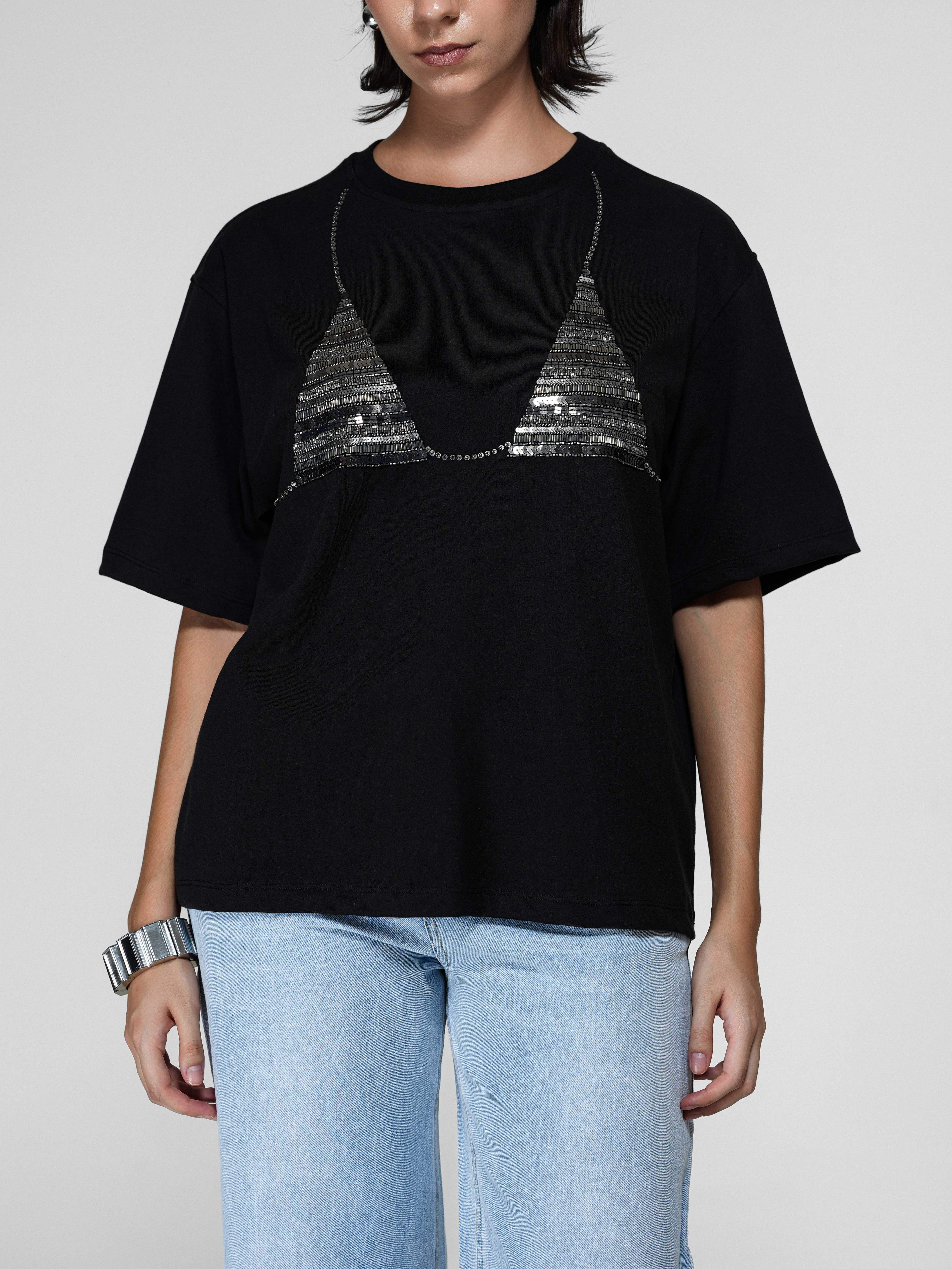 Hand-Beaded Sequin Bralette Oversized T-Shirt