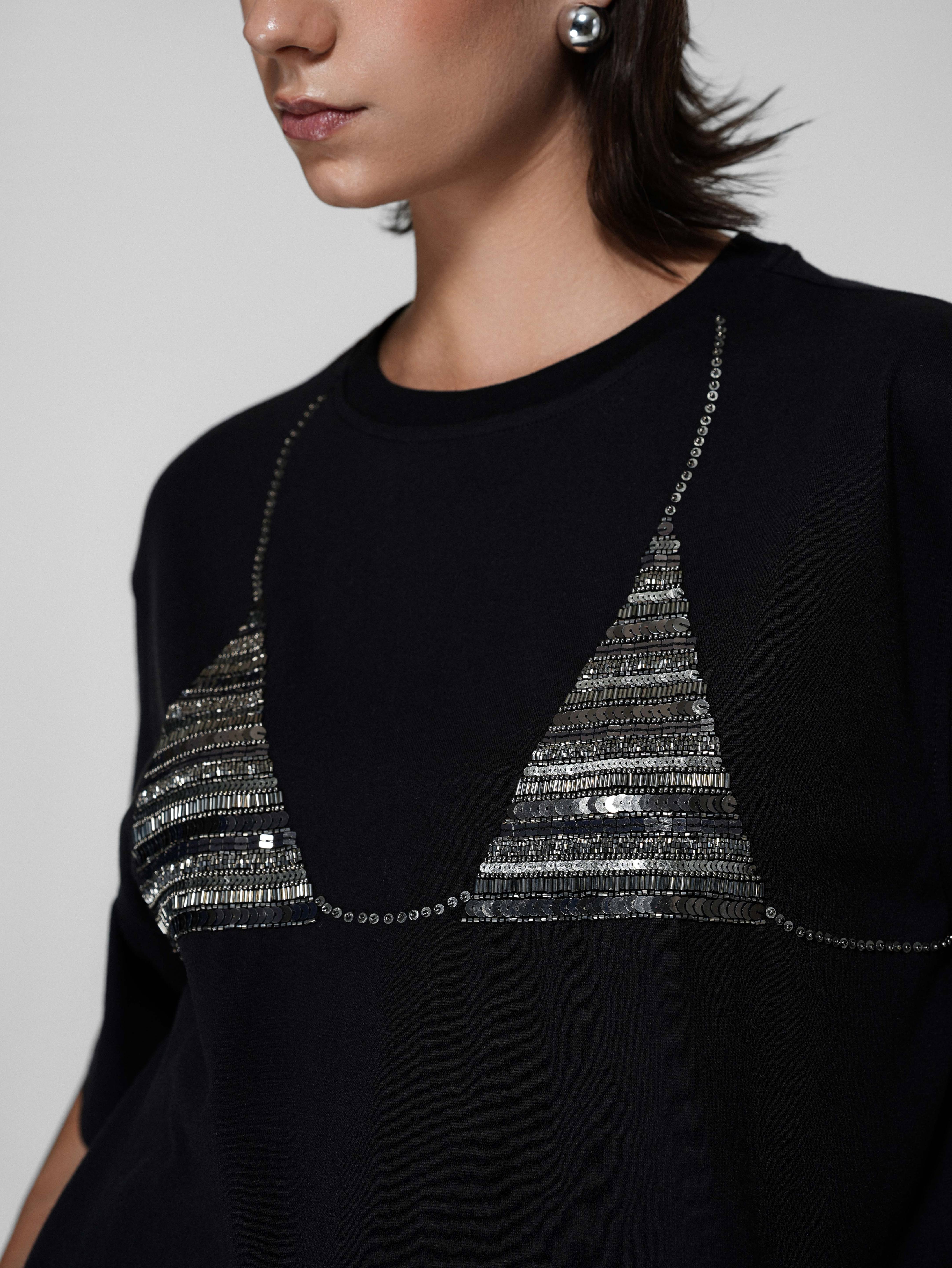 Hand-Beaded Sequin Bralette Oversized T-Shirt