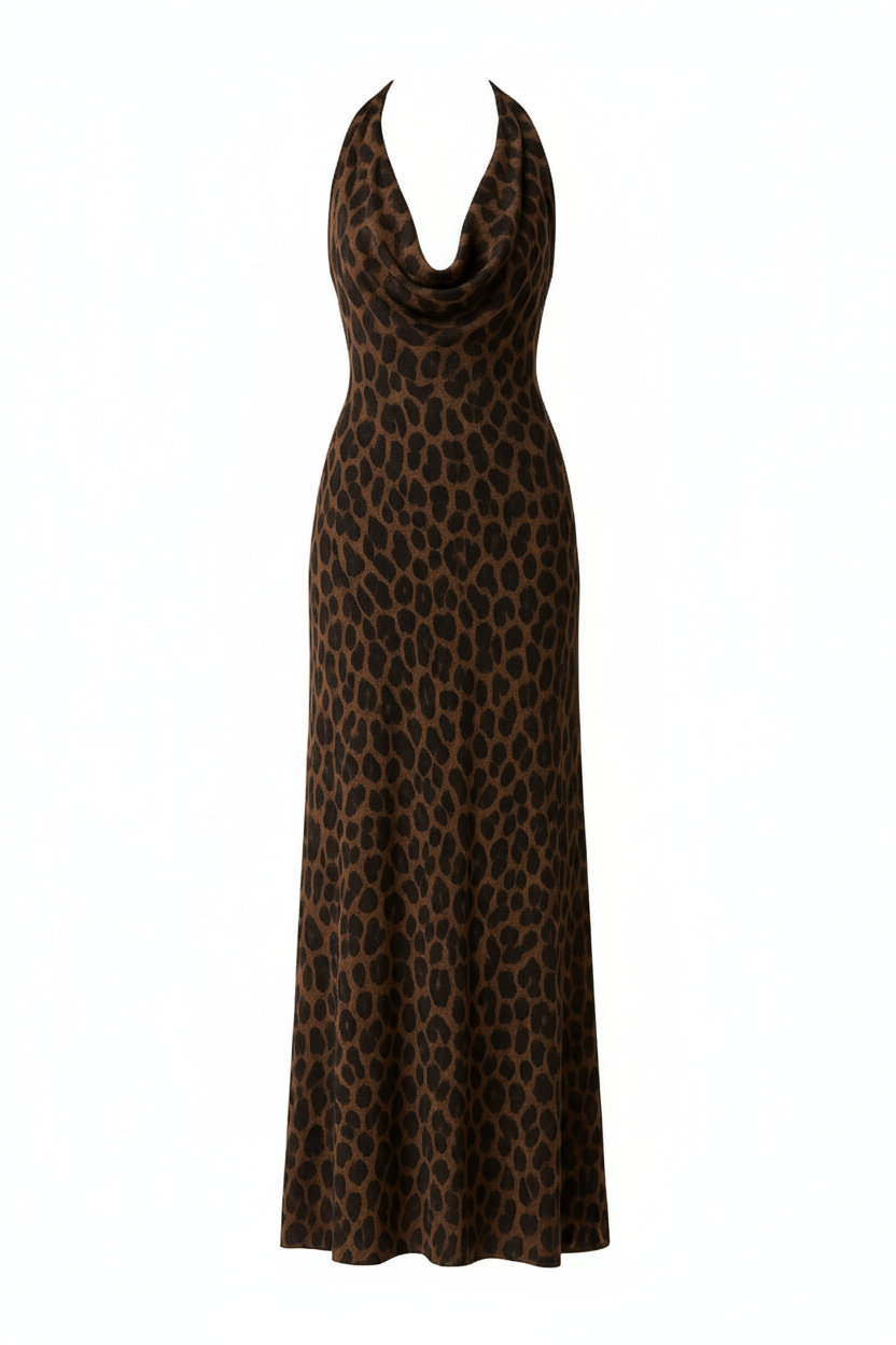 Leopard Print Cowl Neck Maxi Dress With Scarf