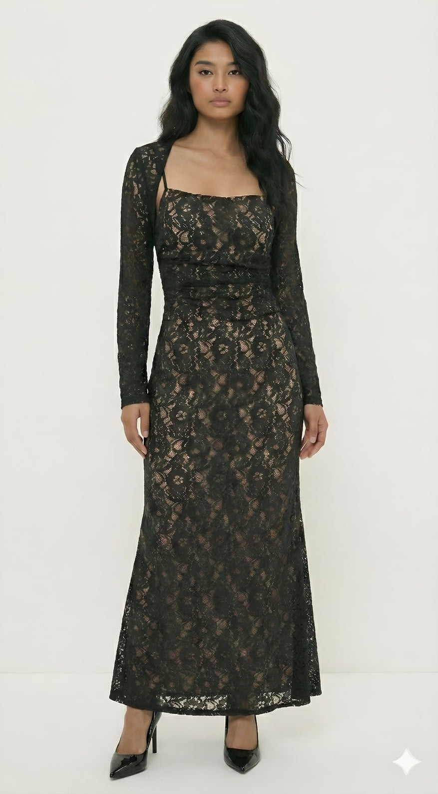 Black Lace Midi Dress with Detachable Cover-up