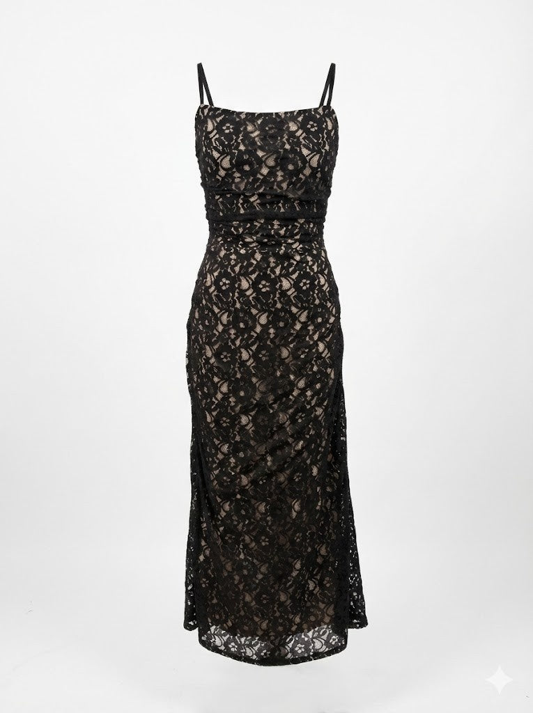 Black Lace Midi Dress with Detachable Cover-up