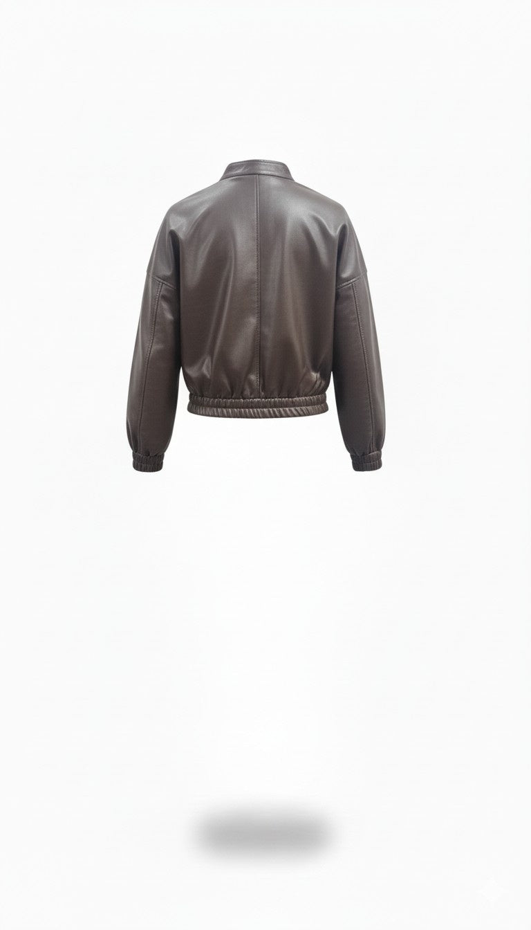 Brown Faux Leather Bomber Jacket