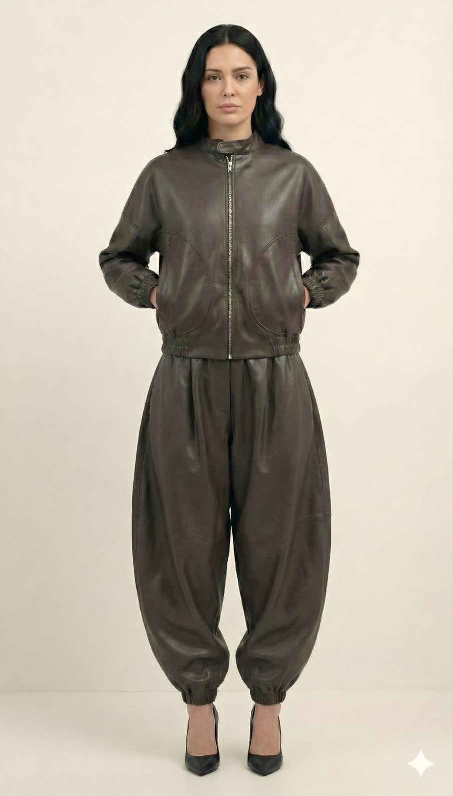 Brown Faux Leather Bomber Jacket