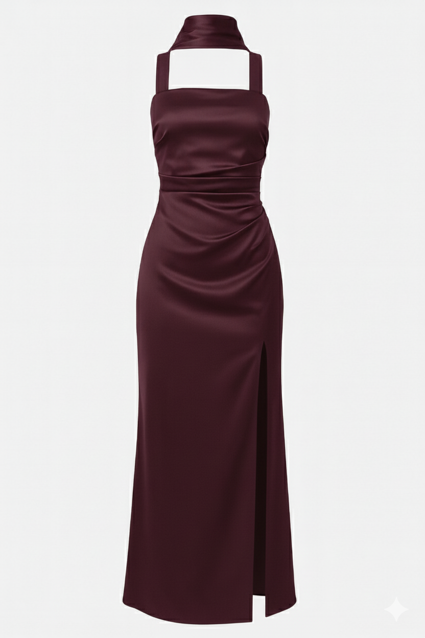 Plum Satin Lace-Up Back Dress