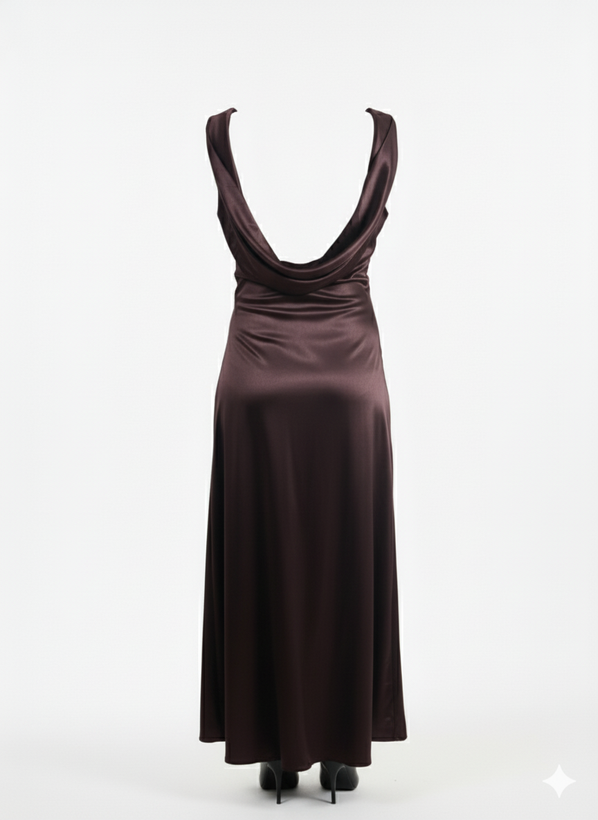 Midnight Plum Cowl Back Satin Maxi Dress