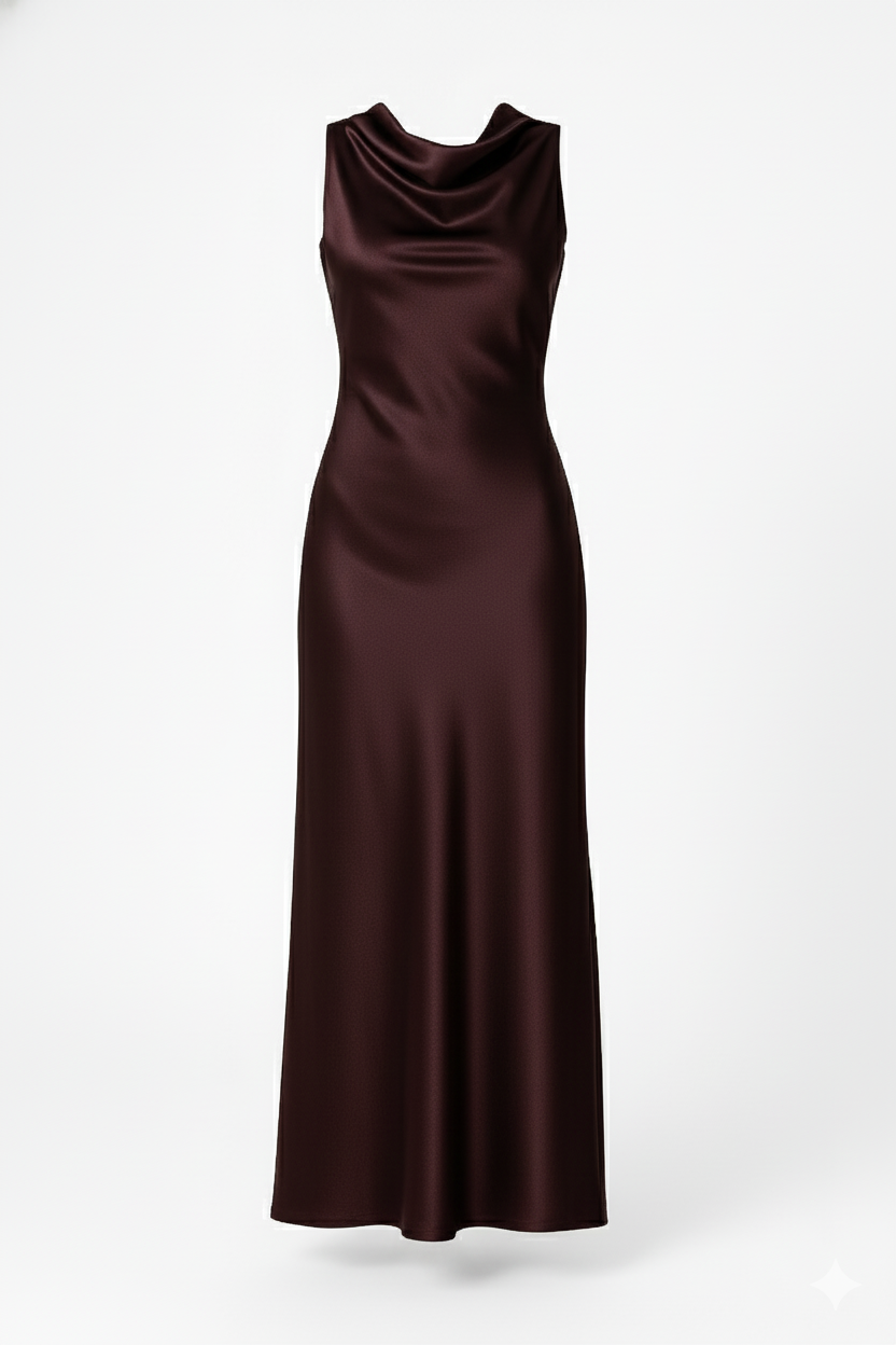 Midnight Plum Cowl Back Satin Maxi Dress