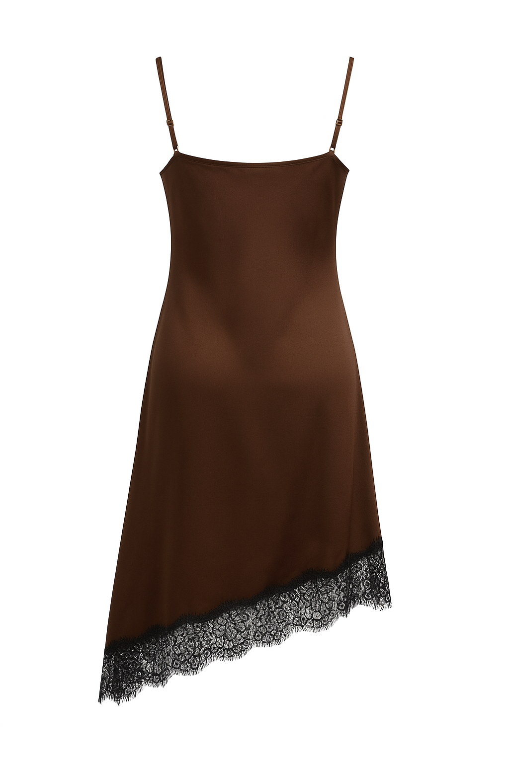 Brown Satin Slip Dress with Black Lace Trim