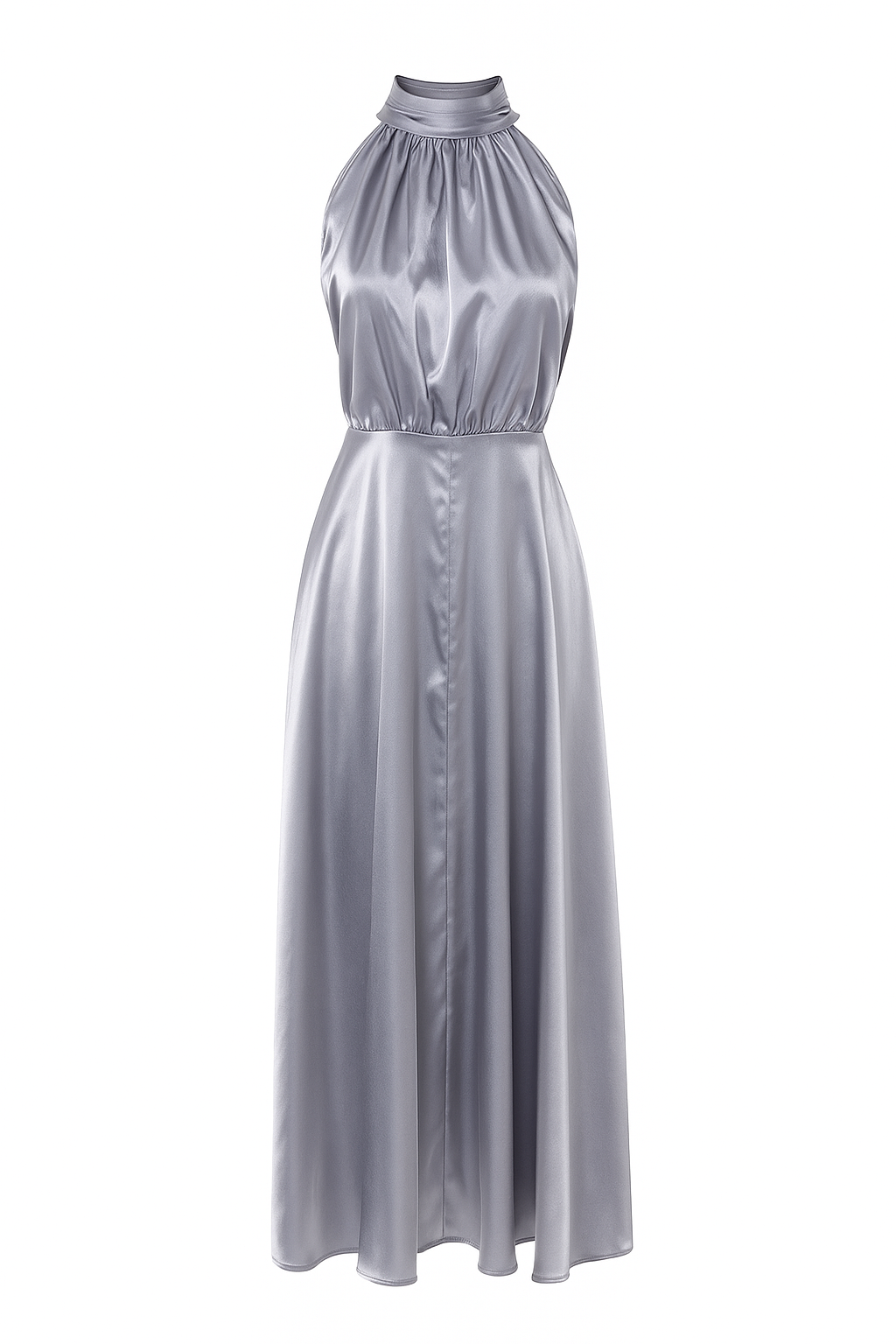 Silver Satin Halter Neck Dress with Scarf
