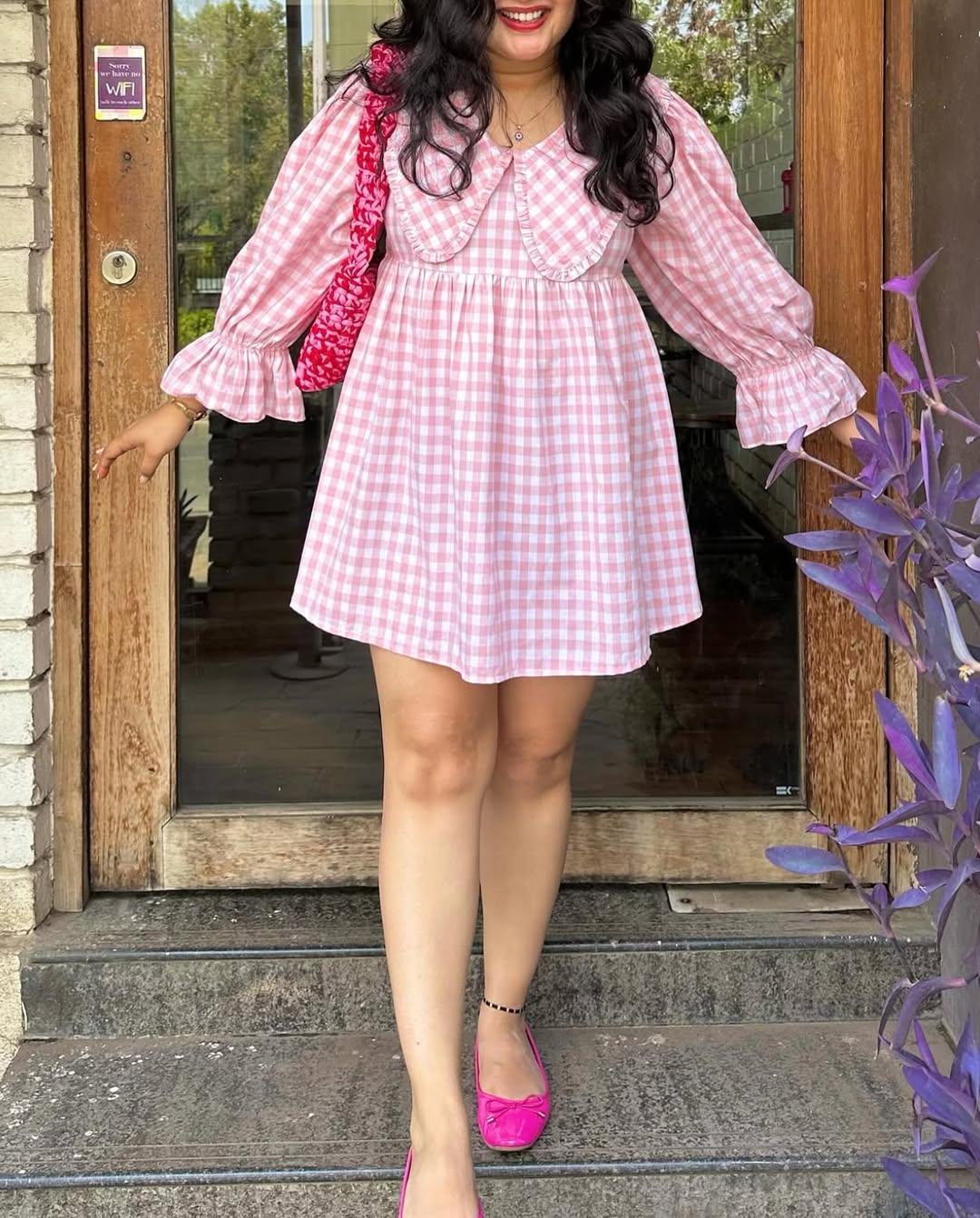 Pink Checked Flared Mini Dress