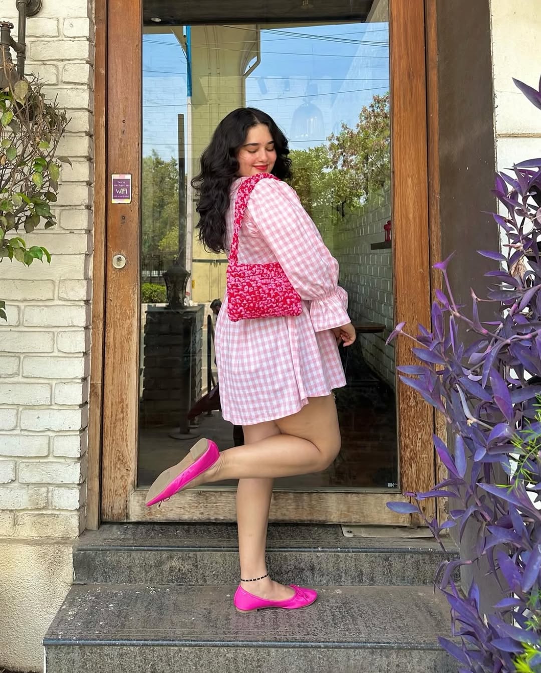 Pink Checked Flared Mini Dress
