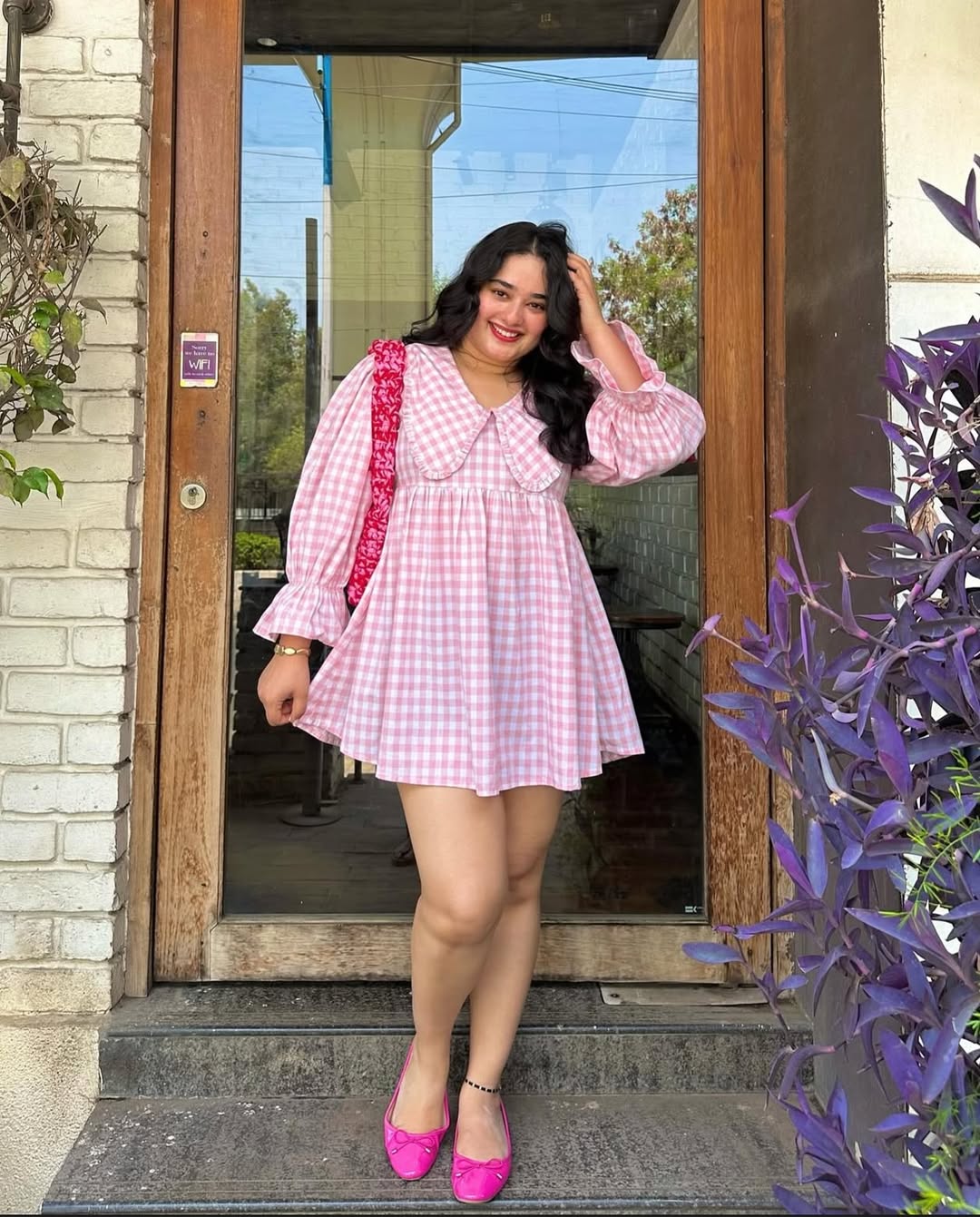 Pink Checked Flared Mini Dress