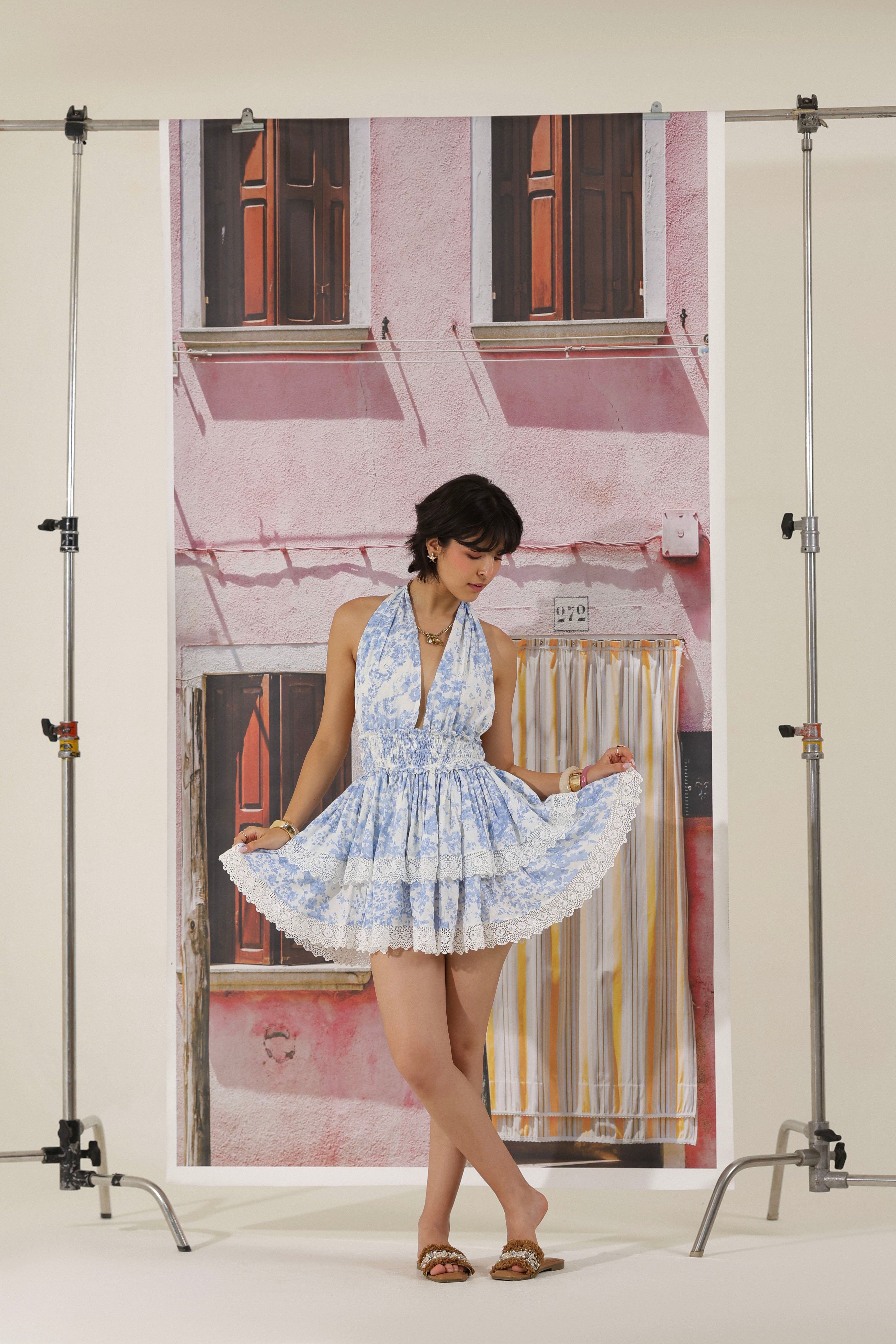 Floral Halter Neck Dress With Lace Detail
