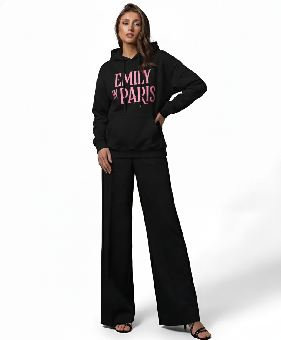 Emily In Paris: Printed Oversized Hoodie-Black