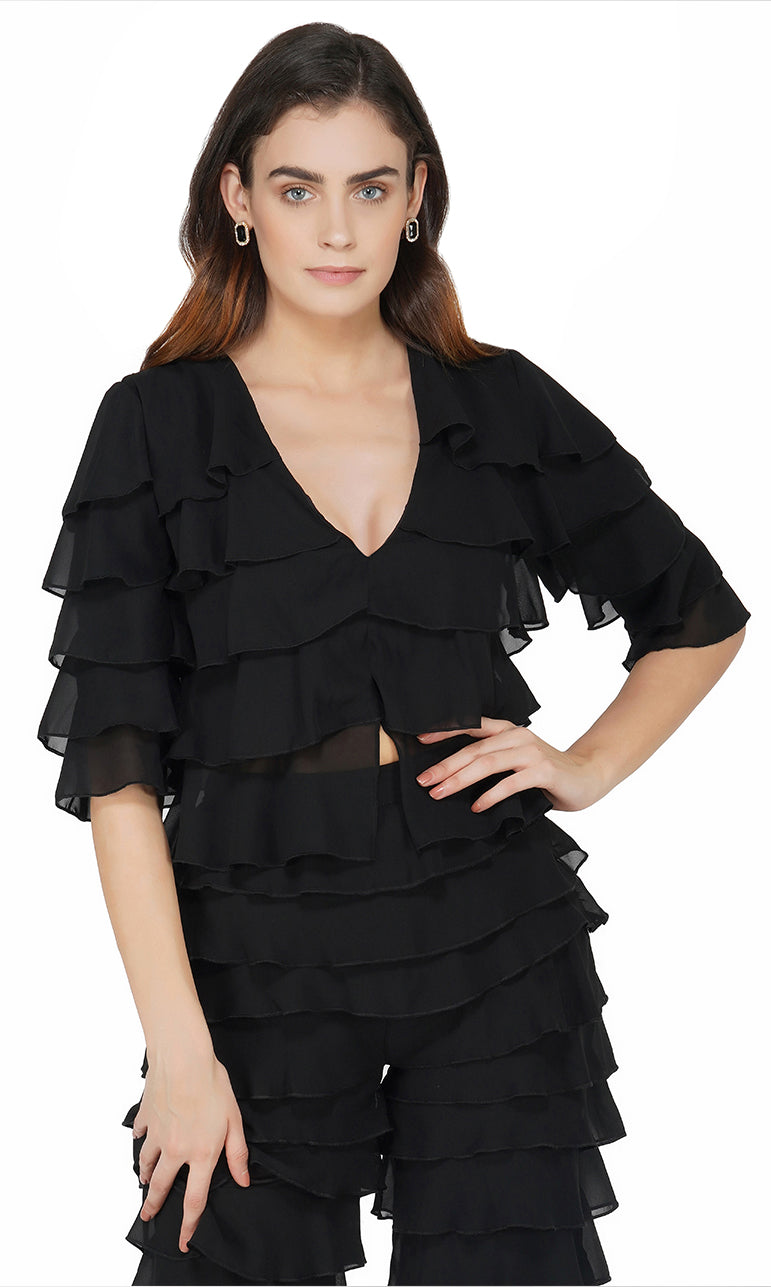 Translucent Ruffled Cropped Blouse Ruffled Crop Top and Pant Set